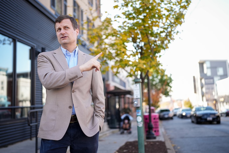 Incoming Baltimore City Council member Mark Parker, who will represent the city’s 1st District, walks through the Highlandtown neighborhood of Baltimore, Md. on Monday, November 25, 2024.