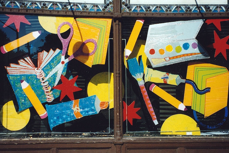 Thea Osato's "back to school" themed window design at Park Avenu Pharmacy.