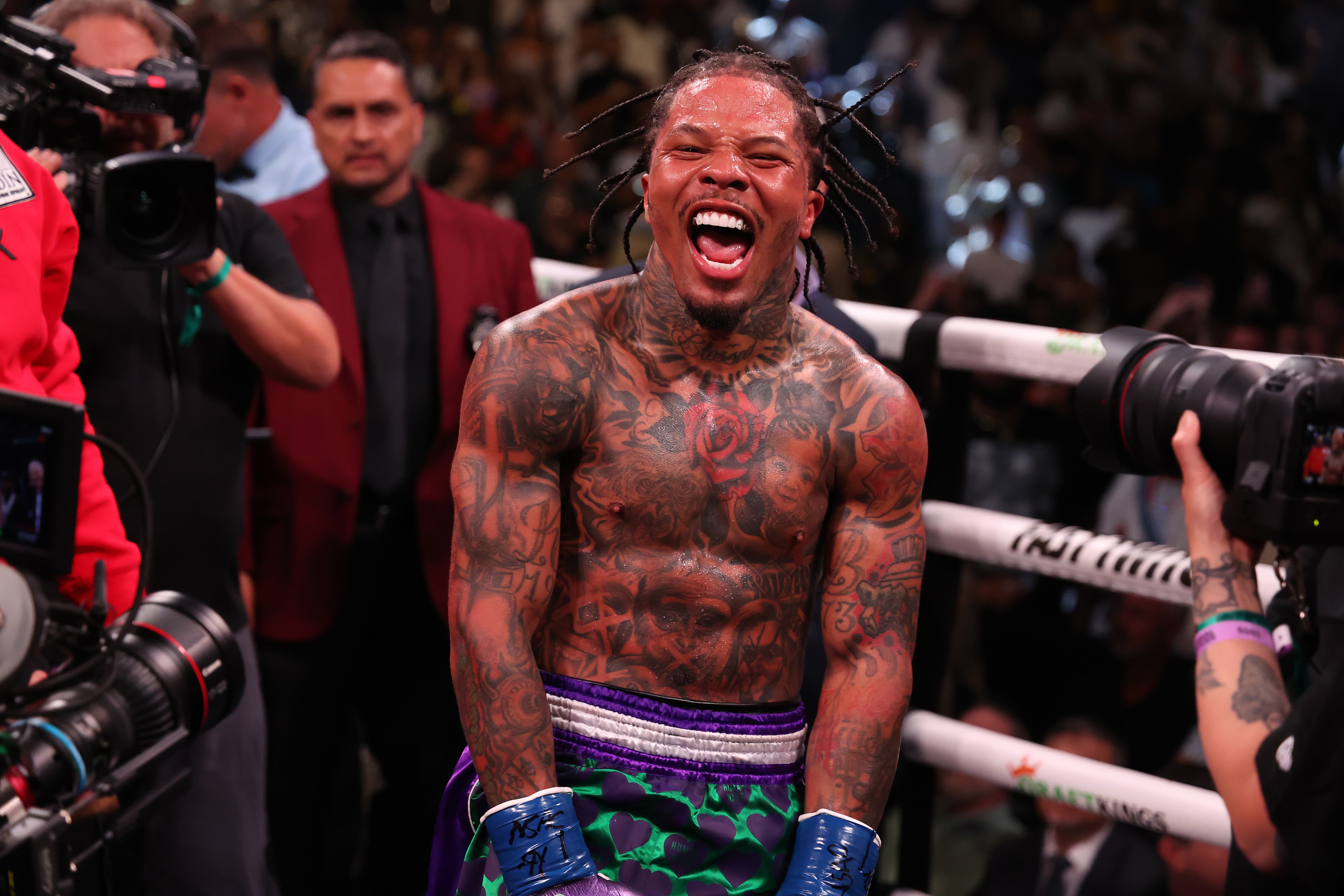 Gervonta Davis celebrates after defeating Ryan Garcia in the seventh round during their catchweight bout at T-Mobile Arena on April 22, 2023, in Las Vegas.