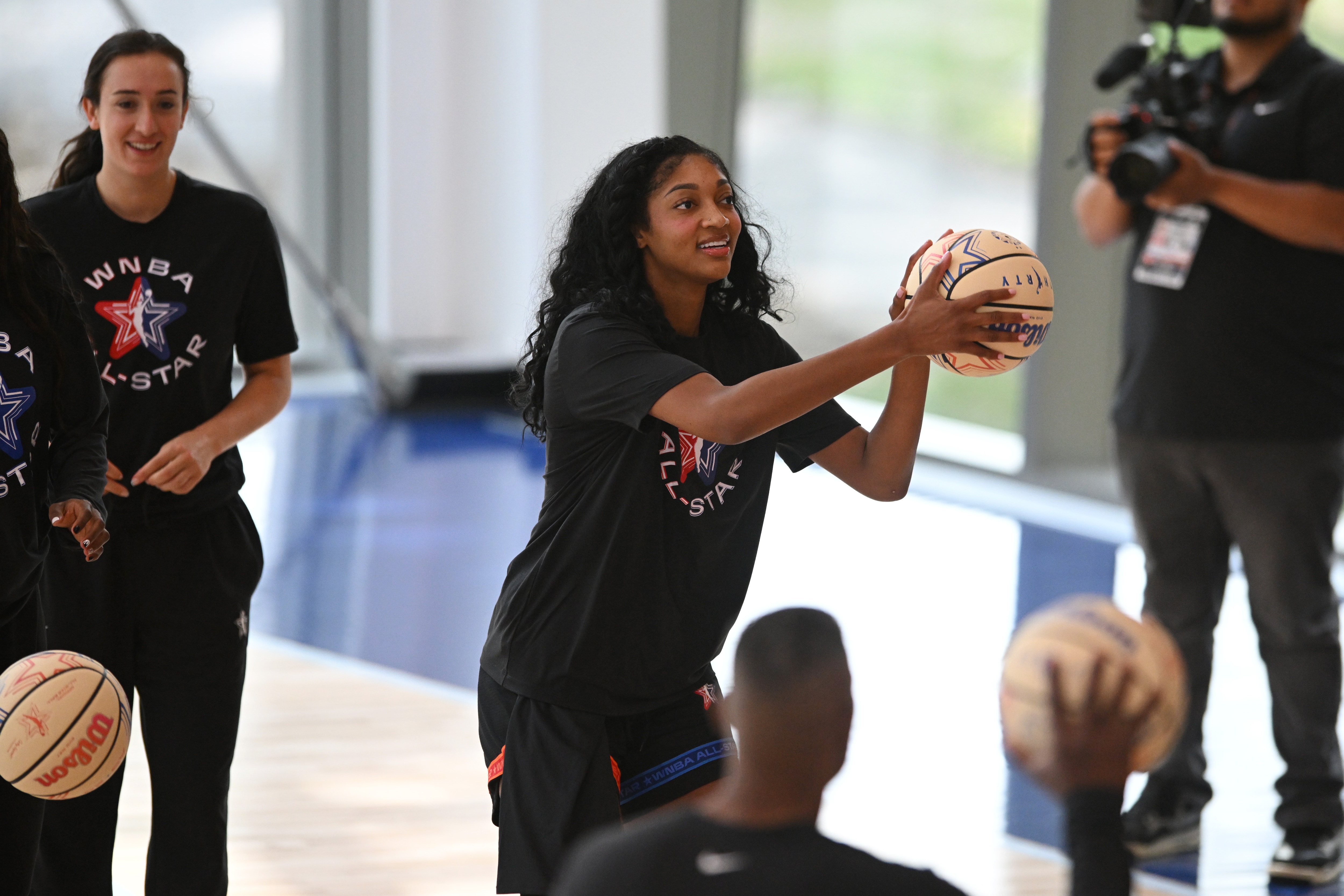 WNBA All Star Angel Reese shoots during practice at the Obama Presidential Center in Chicago on  Friday.