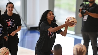 WNBA All Star Angel Reese shoots during practice at the Obama Presidential Center in Chicago on Friday.