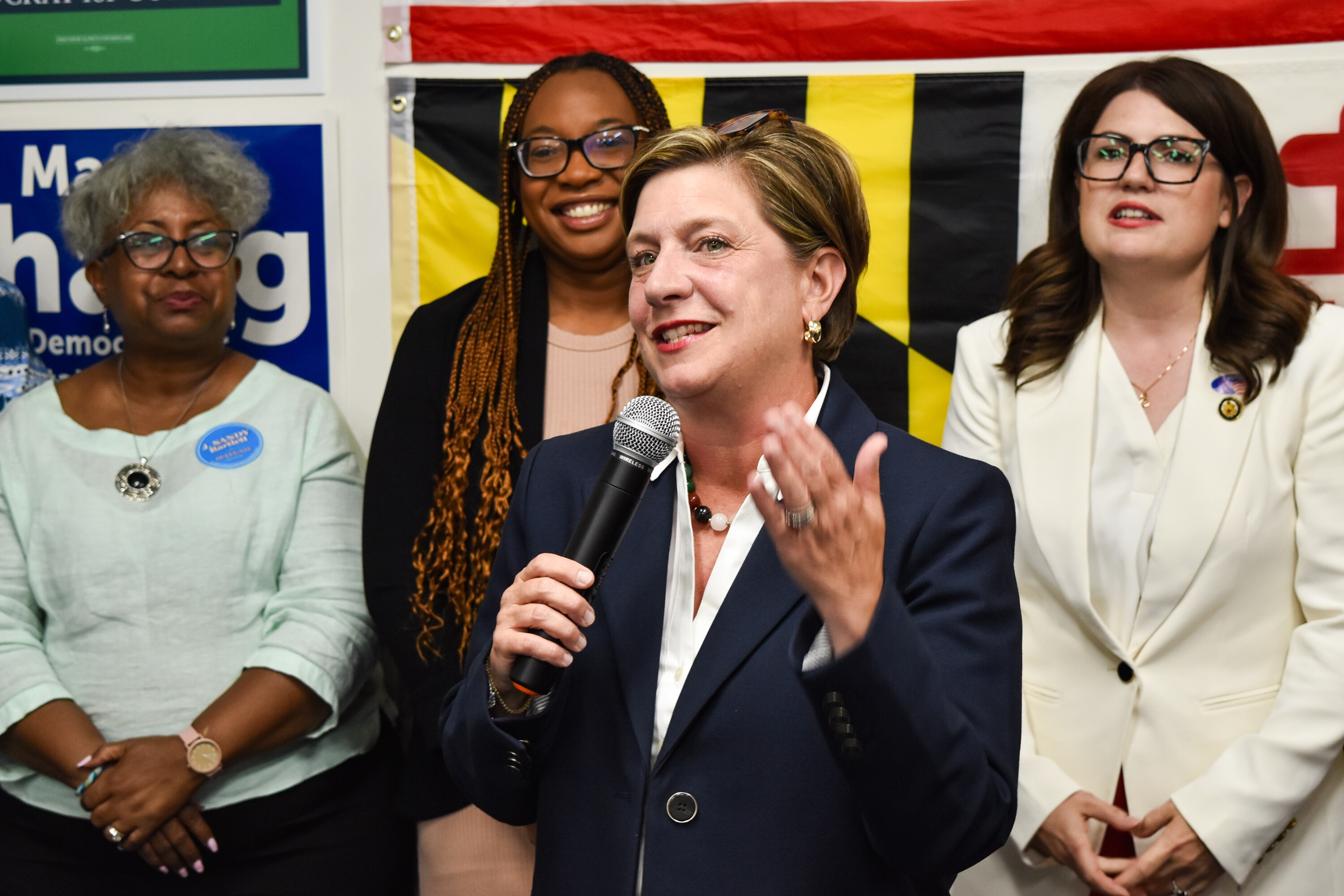 Councilwoman Allison Pickard speaks at an election night celebration with volunteers and fellow candidates. As of 10:45 p.m., she had a strong lead in the Democratic Primary to be the next Anne Arundel County Executive.