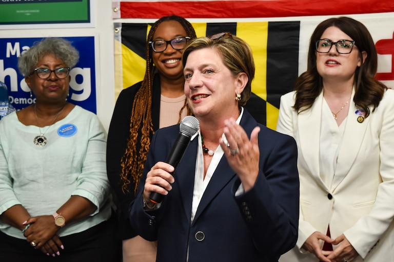 Councilwoman Allison Pickard speaks at an election night celebration with volunteers and fellow candidates. As of 10:45 p.m., she had a strong lead in the Democratic Primary to be the next Anne Arundel County Executive.