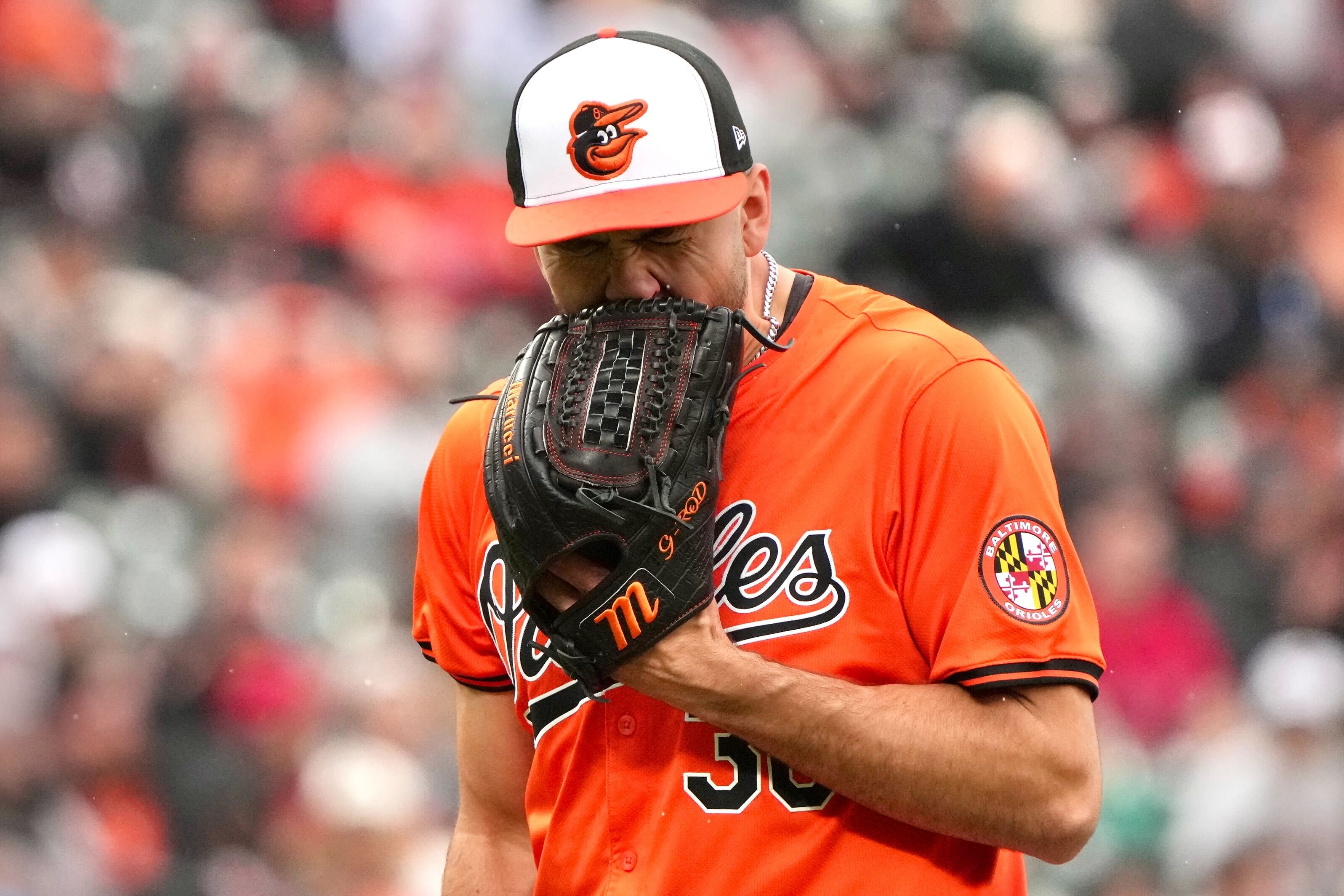Grayson Rodriguez roars after securing the last out of the 5th inning on Saturday, March 30.