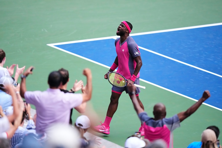 Frances Tiafoe, of the United States, reacts during a match against Daniil Medvedev, of Russia, during the fourth round of the U.S. Open tennis championships, Sunday, Sept. 6, 2026, in New York. (AP Photo/Frank Franklin II)