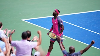 Frances Tiafoe, of the United States, reacts during a match against Daniil Medvedev, of Russia, during the fourth round of the U.S. Open tennis championships, Sunday, Sept. 6, 2026, in New York. (AP Photo/Frank Franklin II)