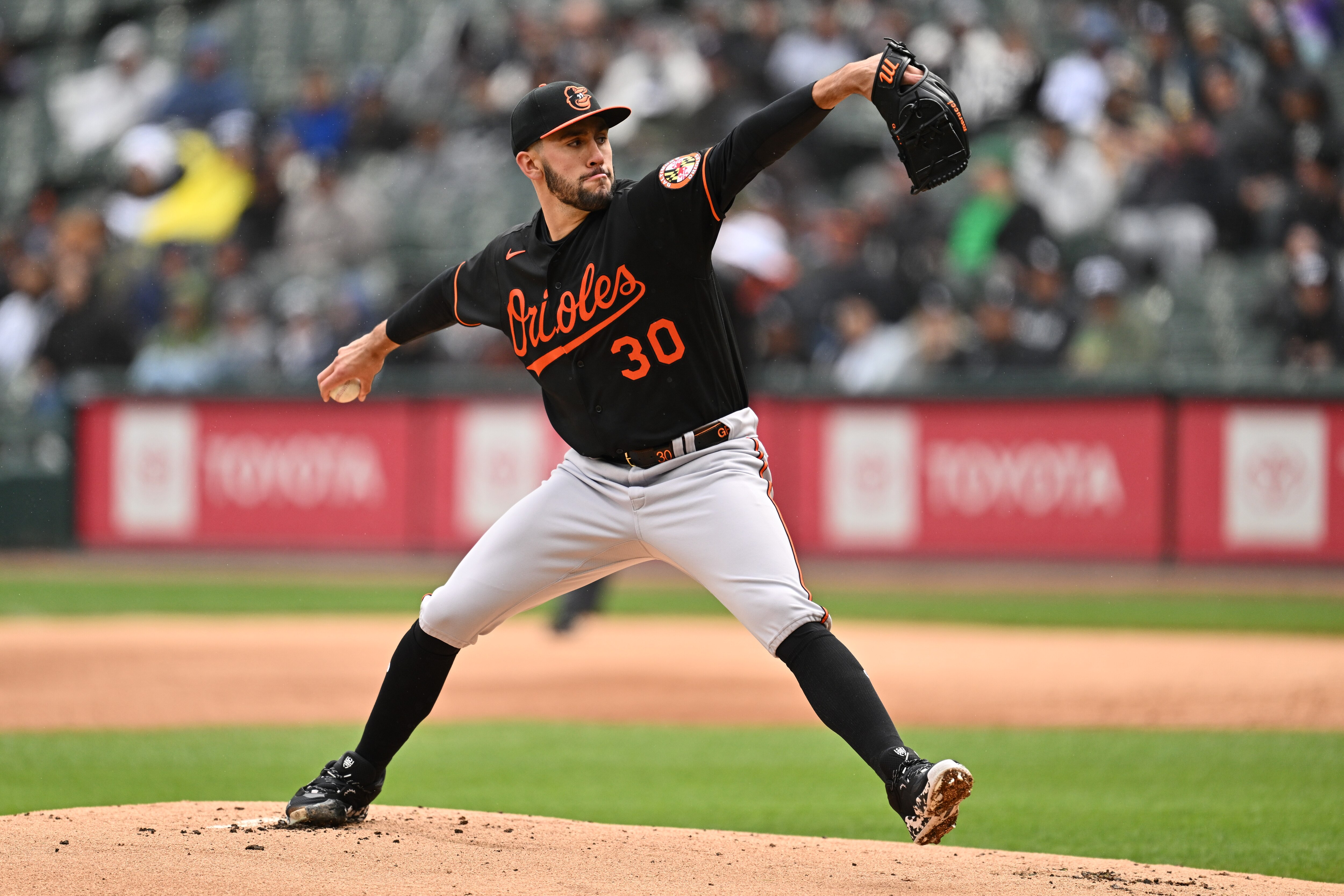 Grayson Rodriguez, No. 30 of the Baltimore Orioles, pitches in the first inning against the Chicago White Sox at Guaranteed Rate Field on April 16, 2023 in Chicago, Illinois.