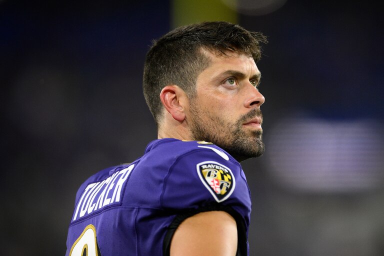 Baltimore Ravens' Justin Tucker watches from the sidelines during the first half of a preseason NFL football game against the Philadelphia Eagles, Friday, Aug. 9, 2024, in Baltimore.