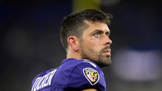 Baltimore Ravens' Justin Tucker watches from the sidelines during the first half of a preseason NFL football game against the Philadelphia Eagles, Friday, Aug. 9, 2024, in Baltimore.