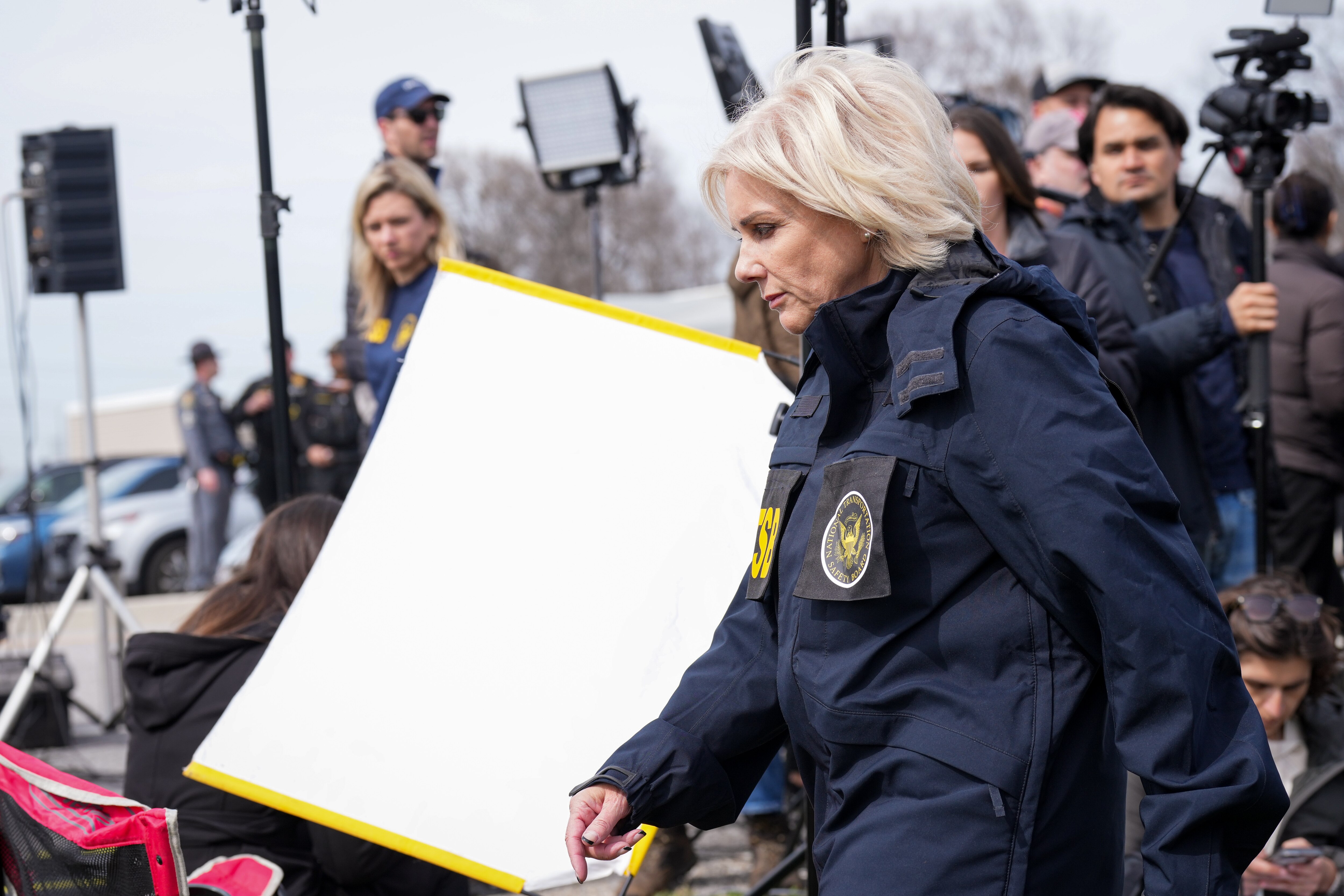 National Transportation Safety Board Chair Jennifer Homendy leaves a news conference in Dundalk on March 26, 2024, after providing updates on the collapsed Francis Scott Key bridge.