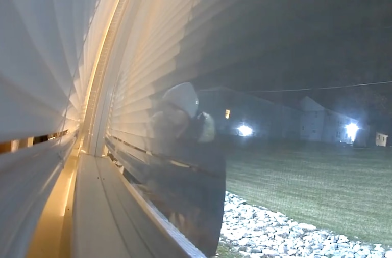 A still from Ring camera footage shows a man looking into the Chloe White's apartment in March.