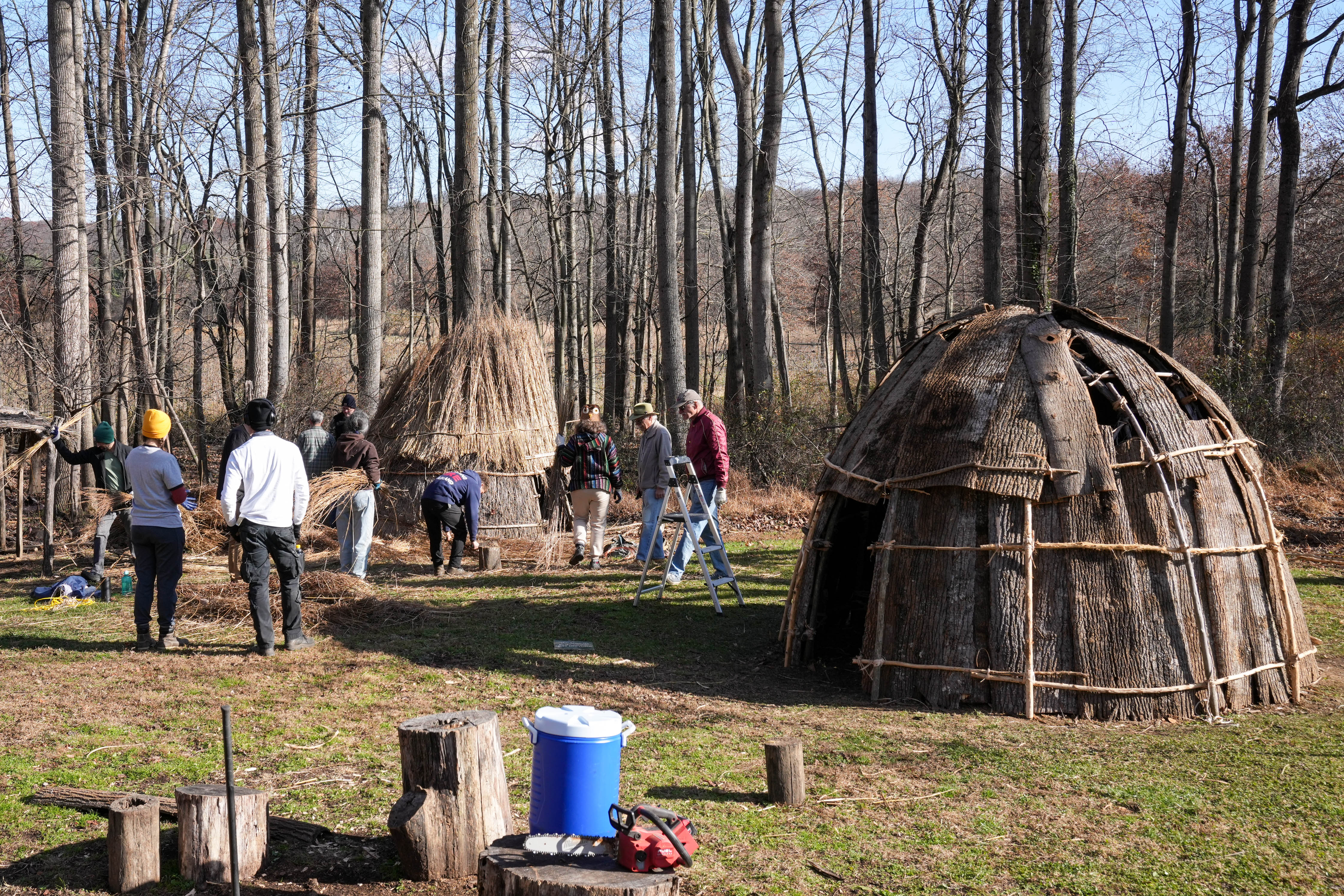 Volunteers construct wigwams at the Irvine Nature Center’s Native American Educational Site in Owings Mills.