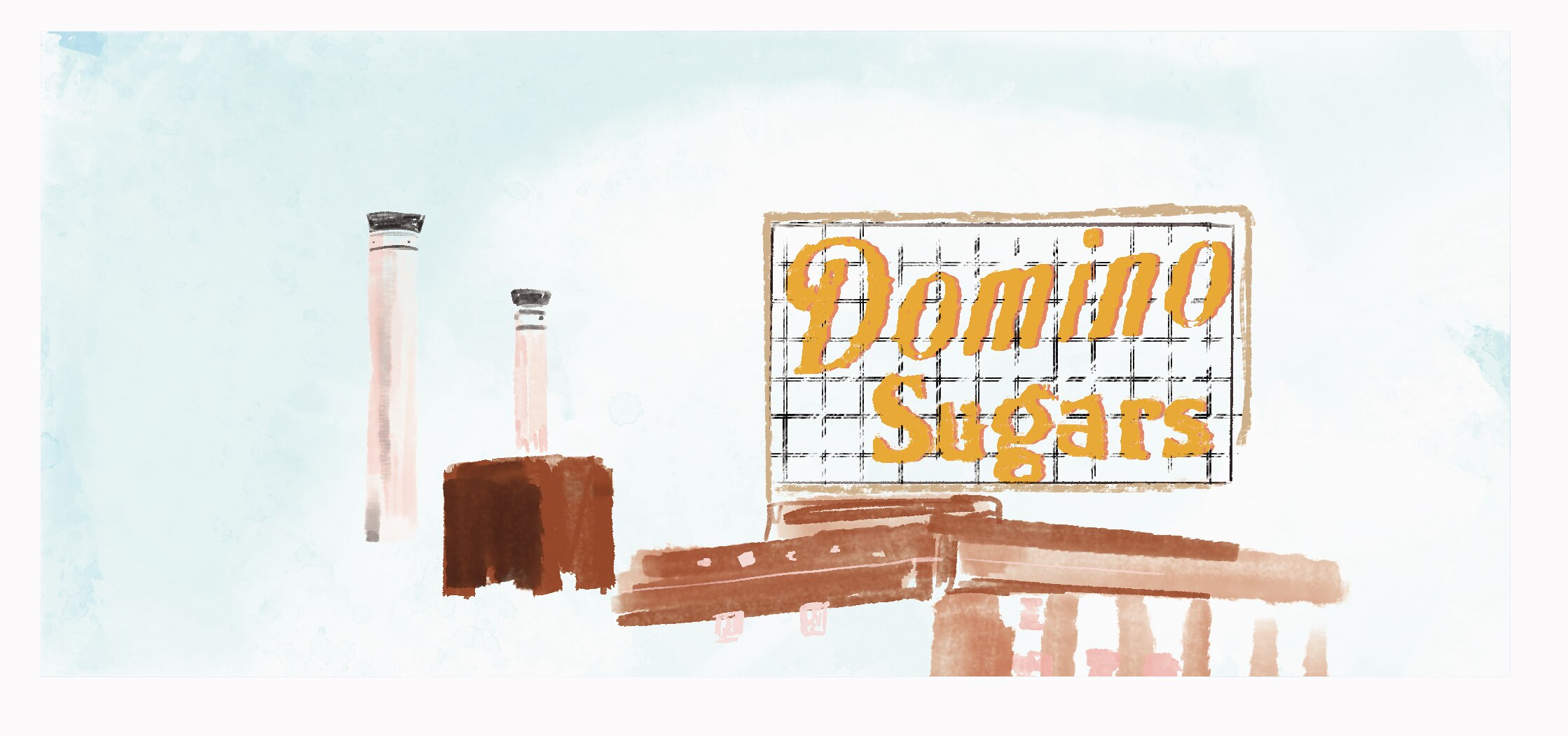 An illustration of the Domino Sugars sign on the Baltimore skyline. (The Baltimore Banner) (Clara Longo de Feritas)