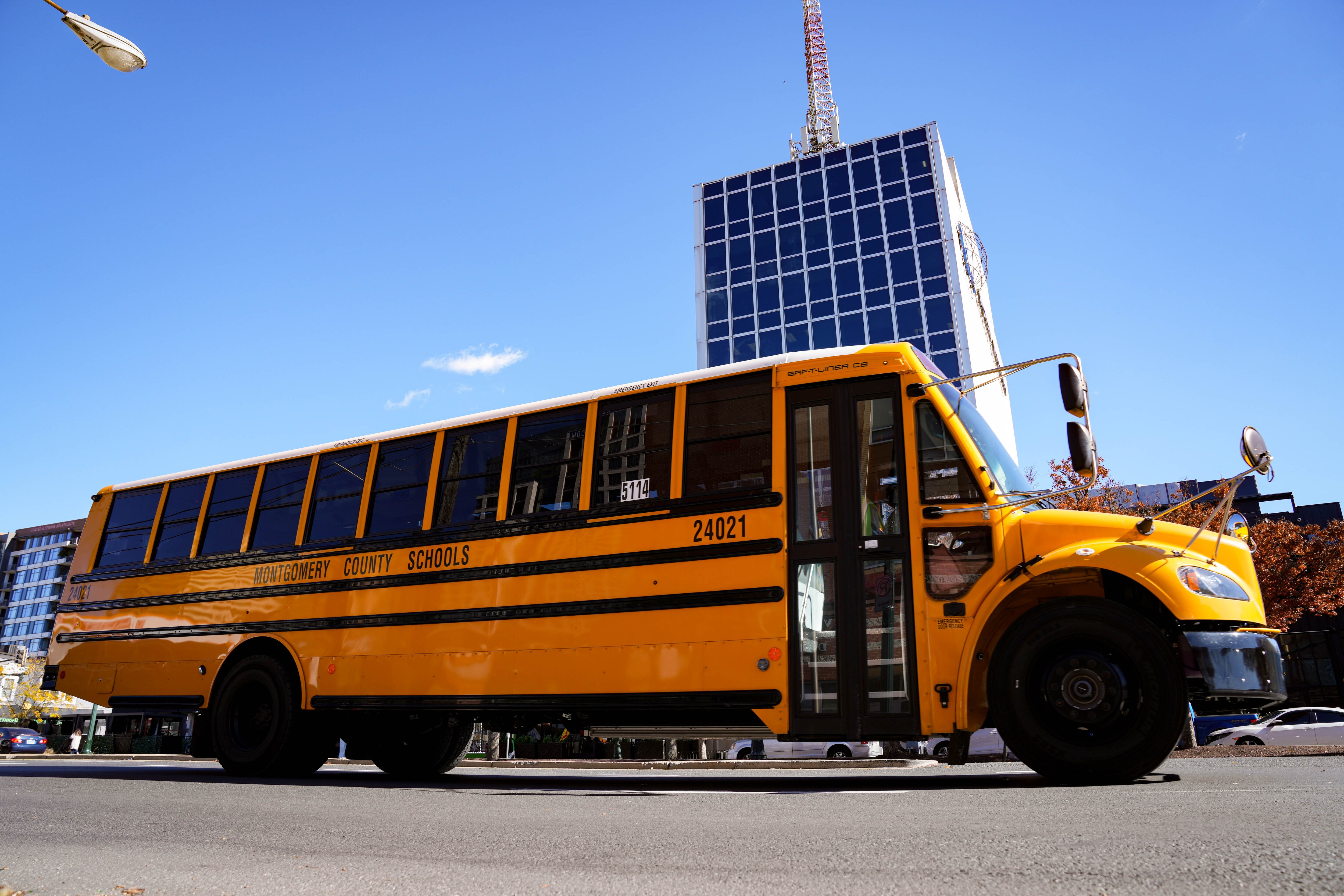 No students were on the school bus when it crashed, according to the Montgomery County Police Department.