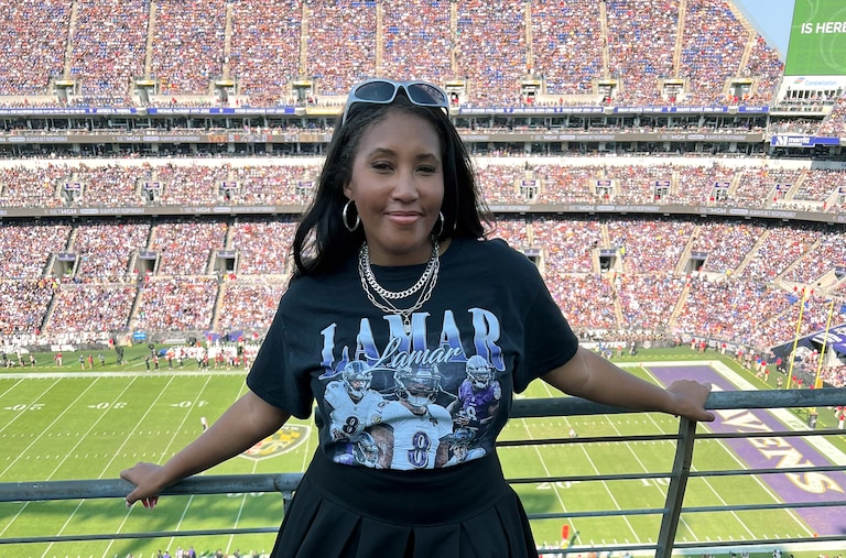 Ravens superfan Adrianna Ebon at Ravens Stadium.