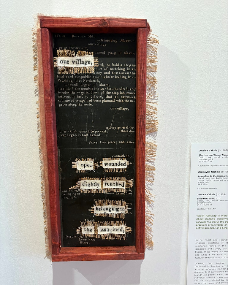 A poem, crafted by artist Jessica Valoris, made of mixed media, using words out of a runaway slave advertisement, photographed on June 30, 2026 at the Banneker-Douglas-Tubman Museum in Annapolis.