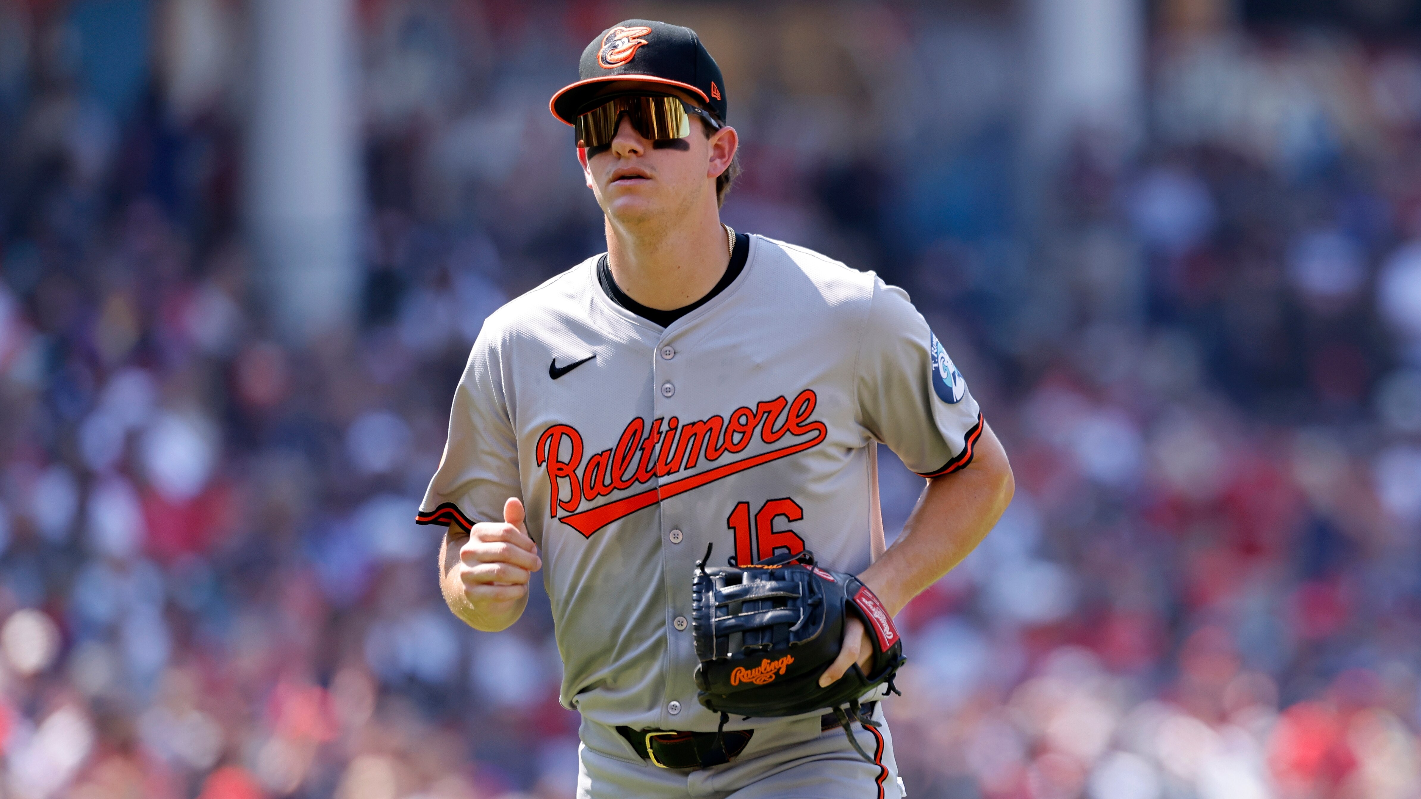 CLEVELAND, OH - AUGUST 04: Baltimore Orioles third baseman Coby Mayo (16) looks on during an MLB game against the Cleveland Guardians on August 04, 2024 at Progressive Field in Cleveland, Ohio. (Photo by Joe Robbins/Icon Sportswire via Getty Images)