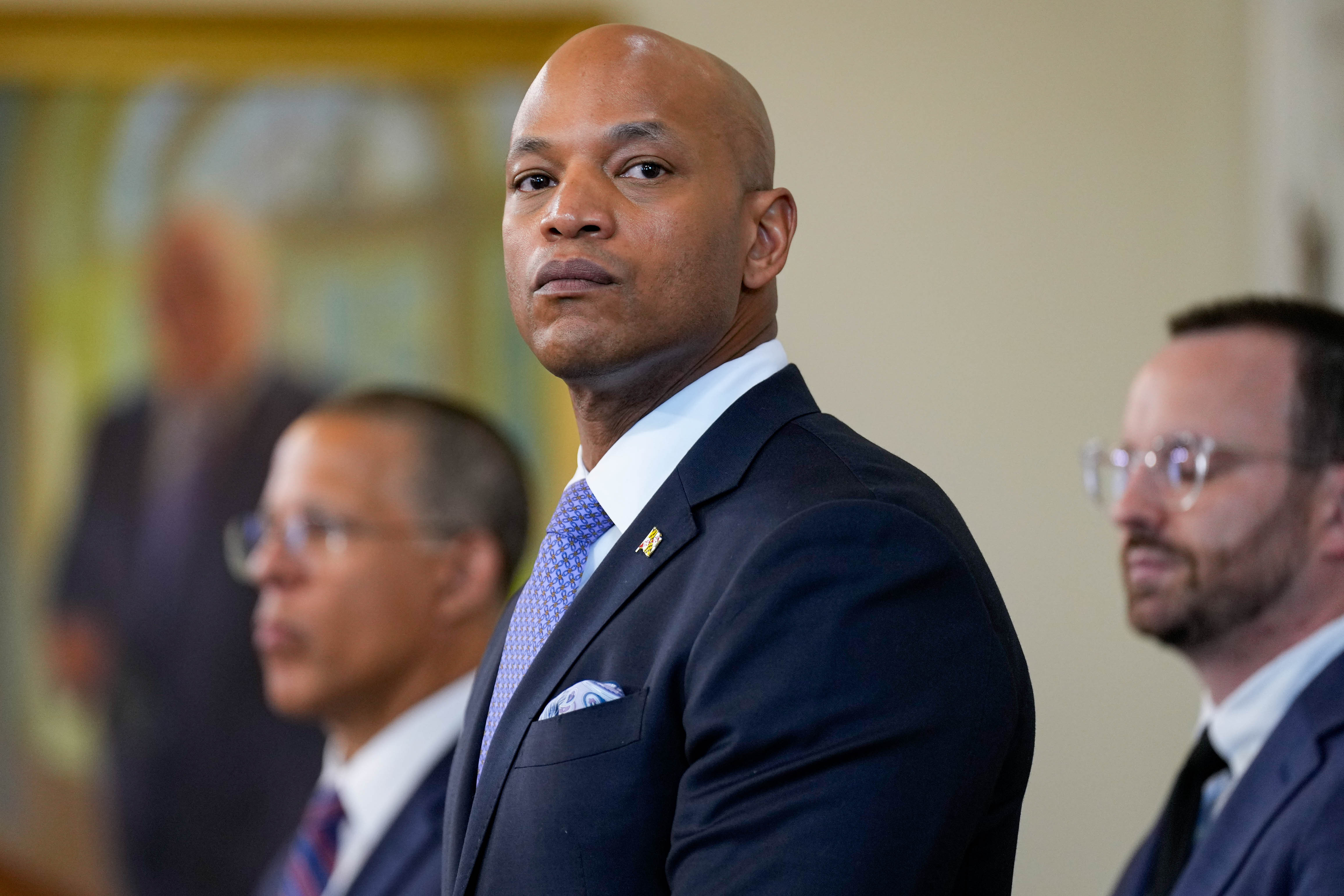 Gov. Wes Moore takes questions from reporters on Maryland’s sweeping audit of police-custody deaths during a news conference at the Maryland State House in Annapolis, Md. on Thursday, May 15, 2025.