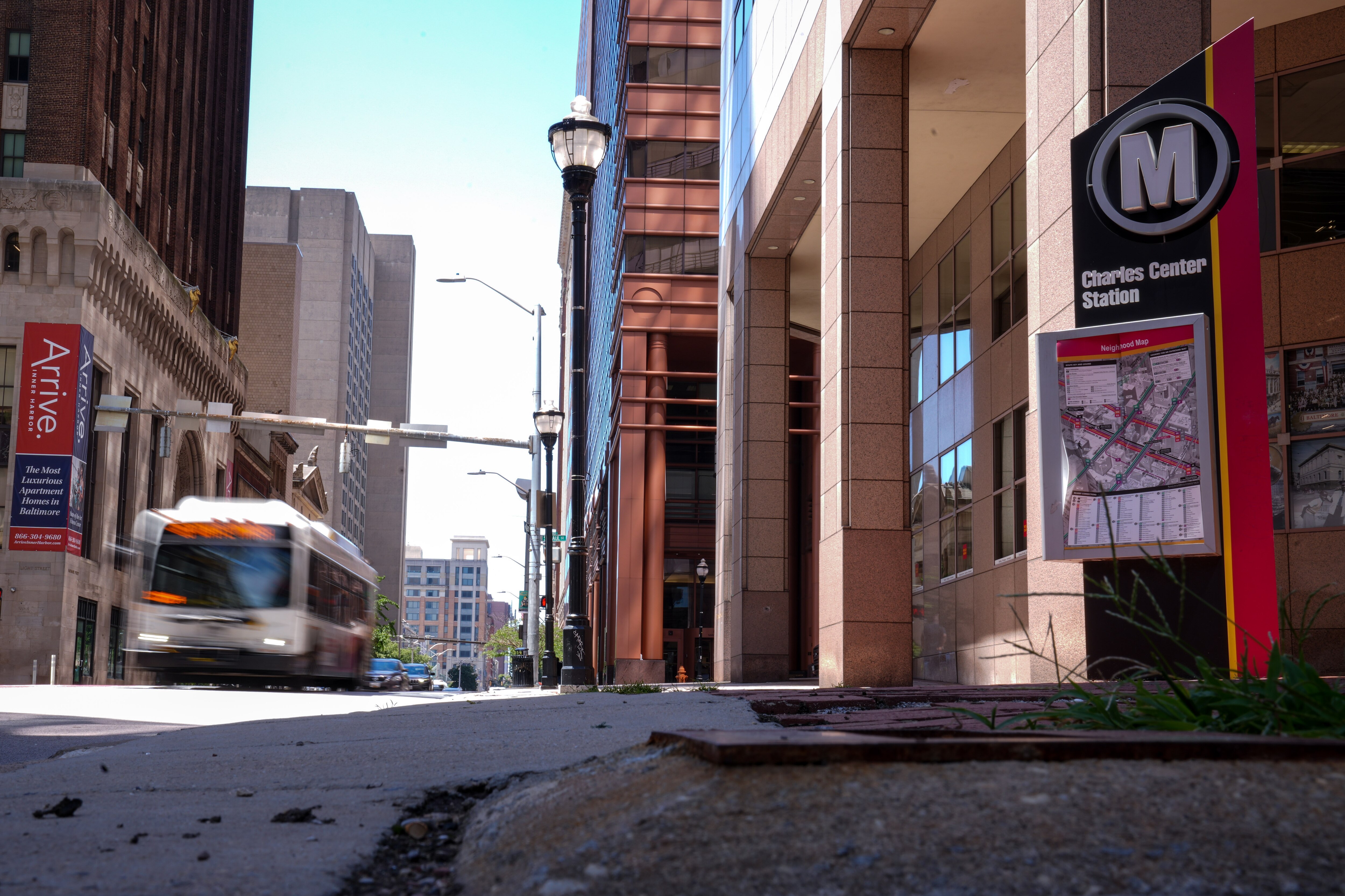 Exterior of Charles Center Station as a bus drives by on Aug. 11, 2022.