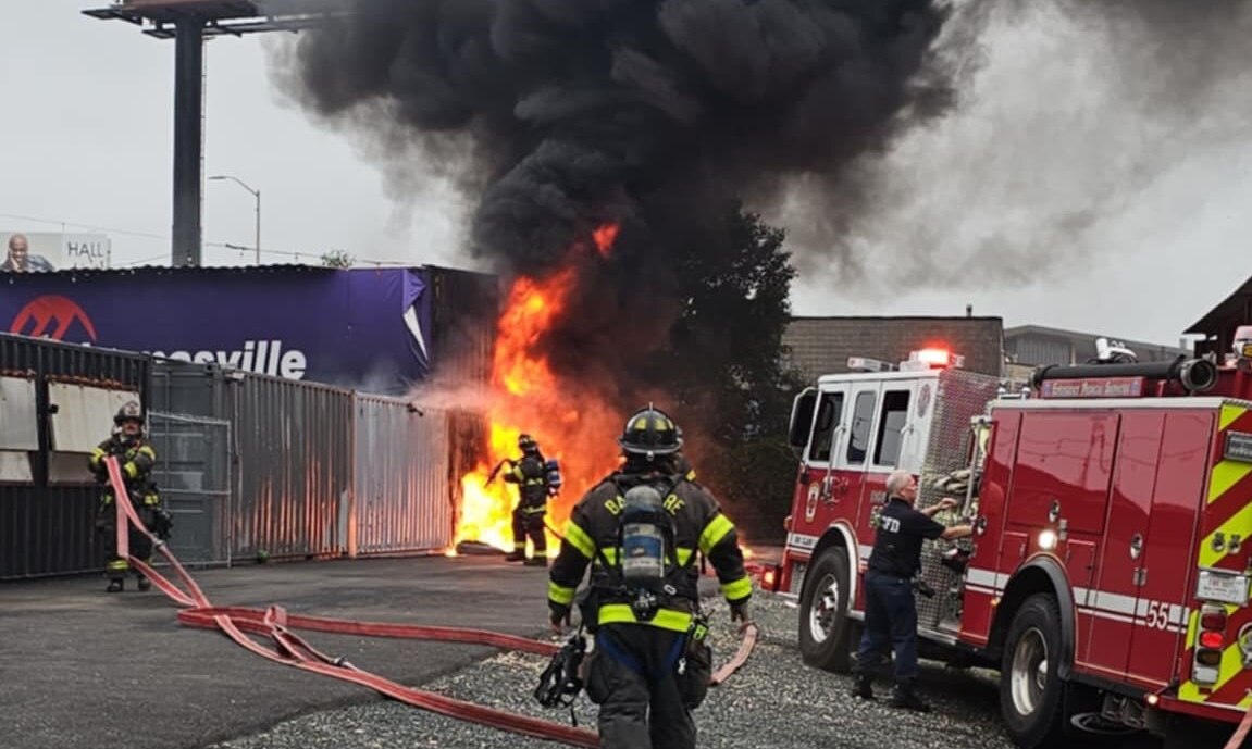 The Baltimore City Fire Department extinguishes a fire on Friday night at 1300 Russell St., where Jimmy’s Famous Seafood’s TailGOAT venue is located.