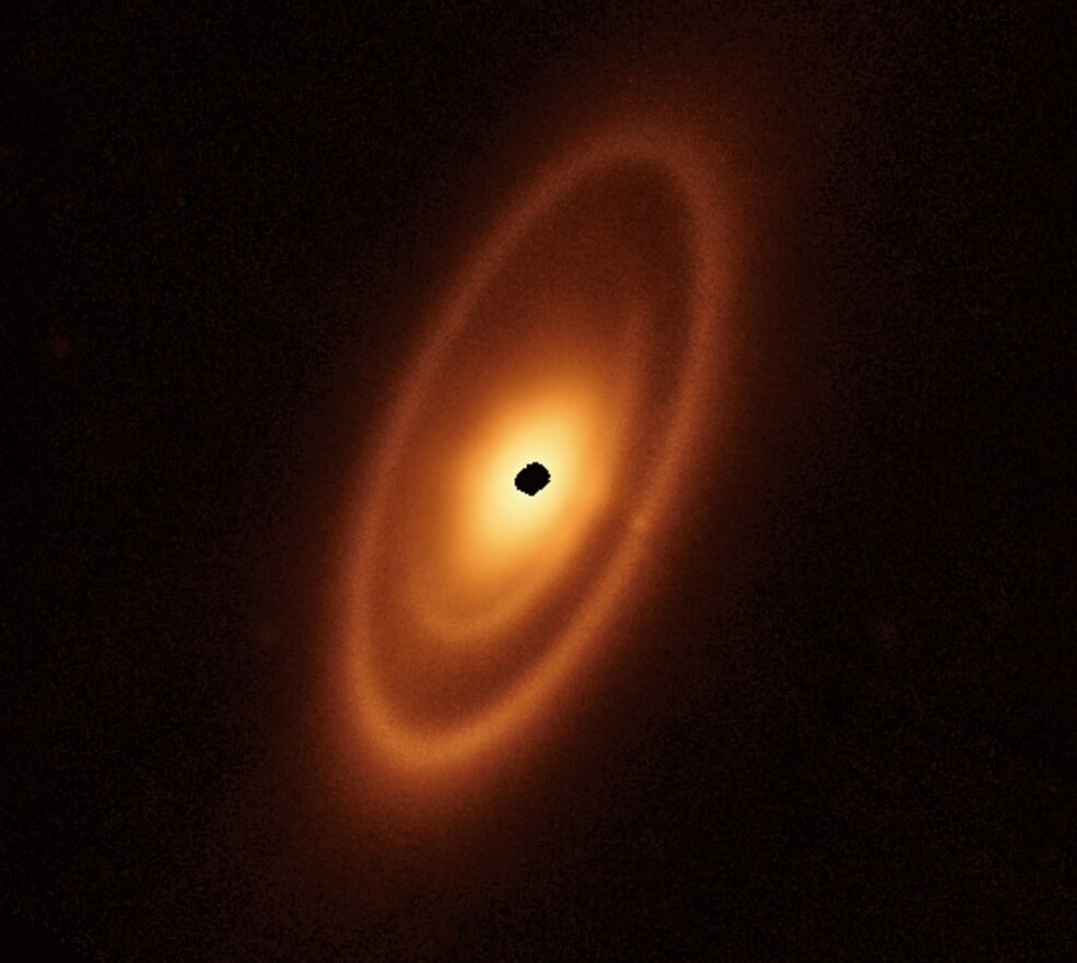 This image of the dusty debris disk surrounding the young star Fomalhaut is from Webb’s Mid-Infrared Instrument (MIRI). It reveals three nested belts extending out to 14 billion miles (23 billion kilometers) from the star. The inner belts – which had never been seen before – were revealed by Webb for the first time.

The Hubble Space Telescope and Herschel Space Observatory, as well as the Atacama Large Millimeter/submillimeter Array (ALMA), have previously taken sharp images of the outermost belt. However, none of them found any structure interior to it.

These belts most likely are carved by the gravitational forces produced by unseen planets.