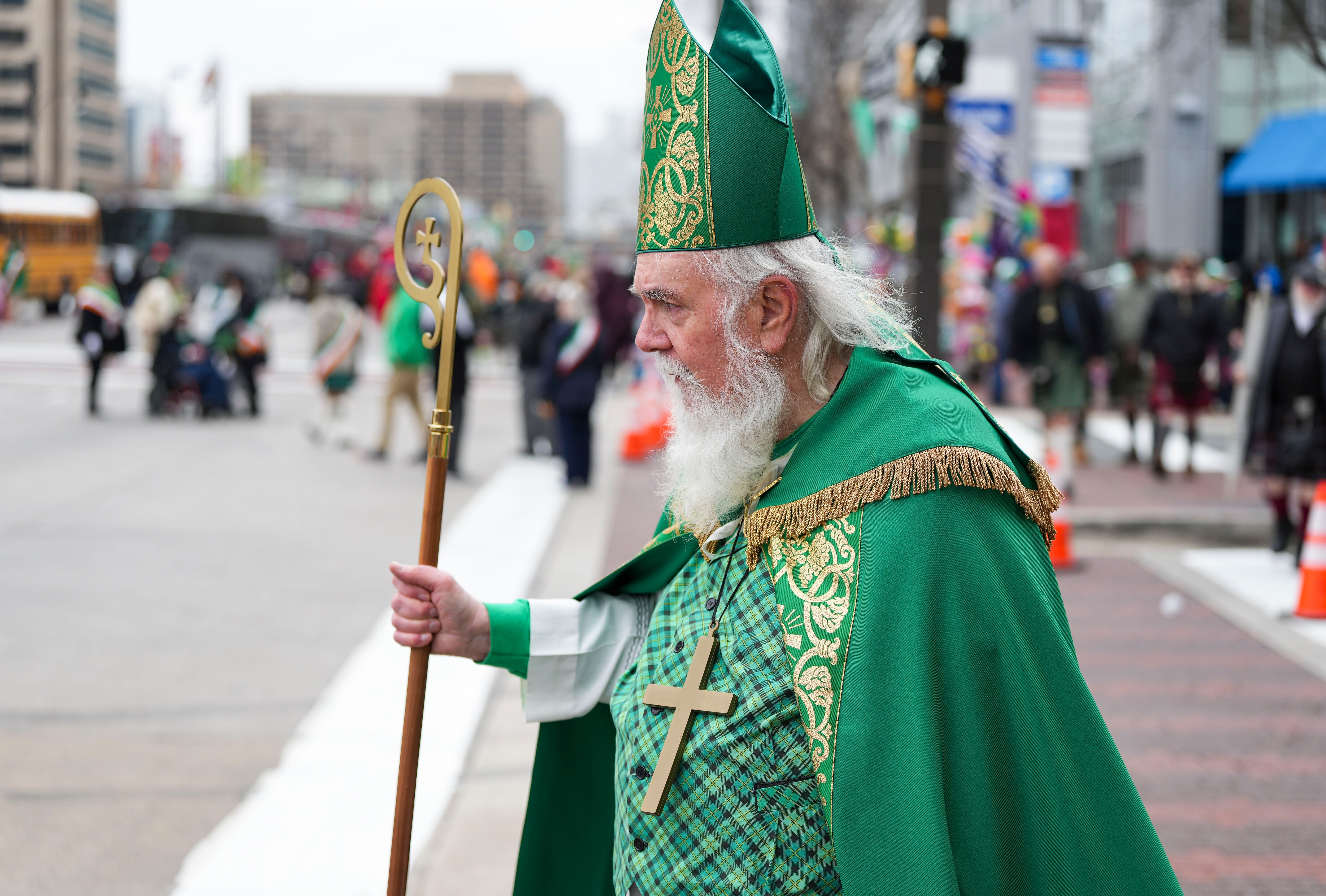 George Stegmaier dresses up as St. Patrick in the annual St. Patty’s Day Parade in Downtown, Baltimore, MD., on March 12, 2023.