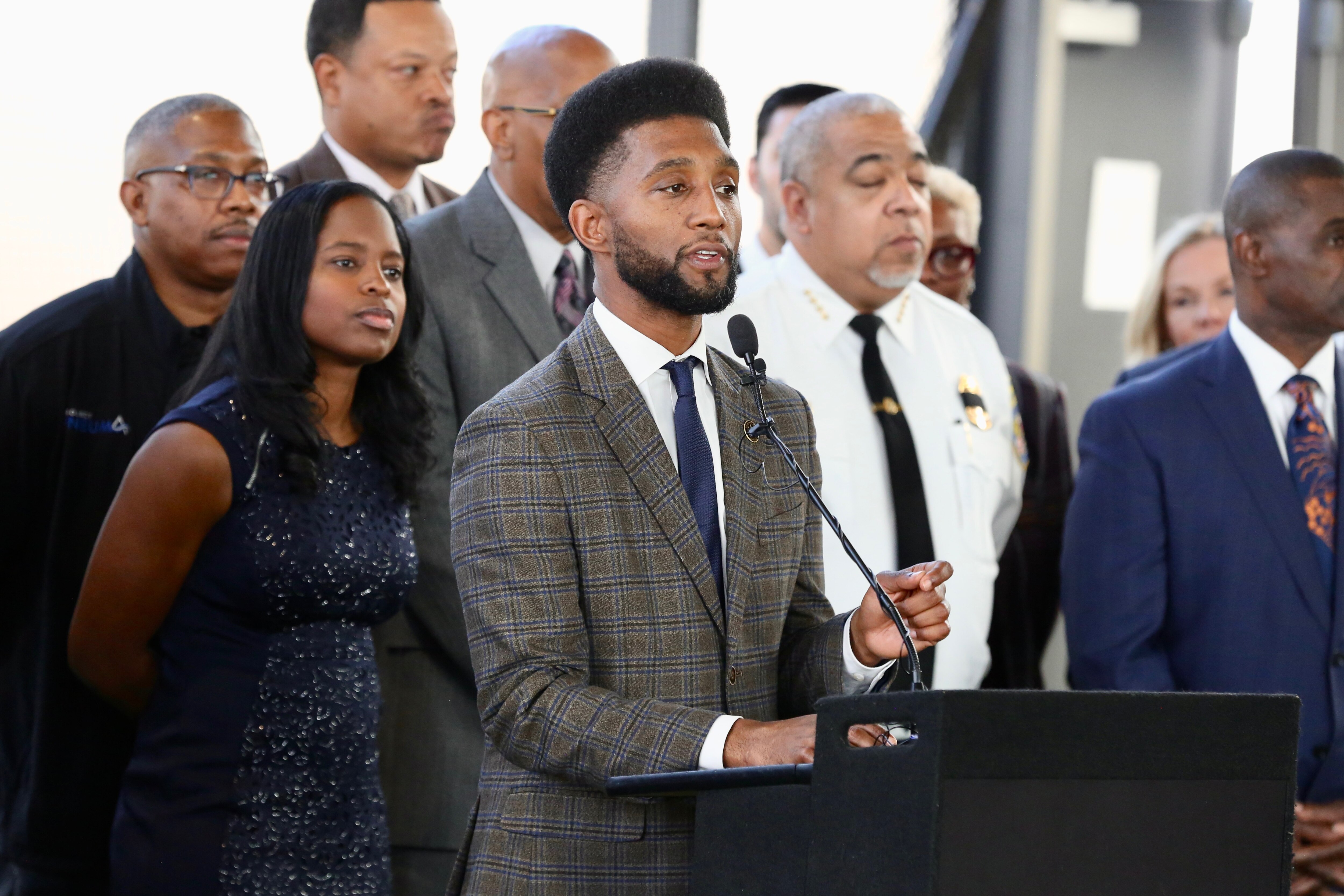 Mayor Brandon Scott holds a Squeegee press conference.