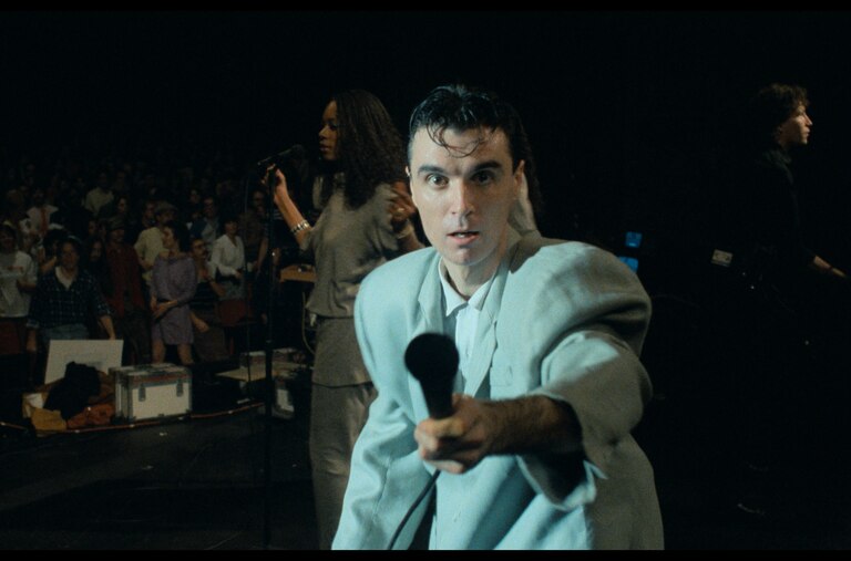 Talking Heads founder David Byrne in a scene from the 1984 concert film “Stop Making Sense,” which plays at the Charles Theatre on New Year’s Day.