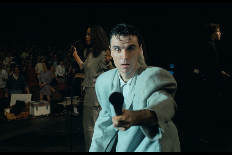Talking Heads founder David Byrne in a scene from the 1984 concert film “Stop Making Sense,” which plays at the Charles Theatre on New Year’s Day.
