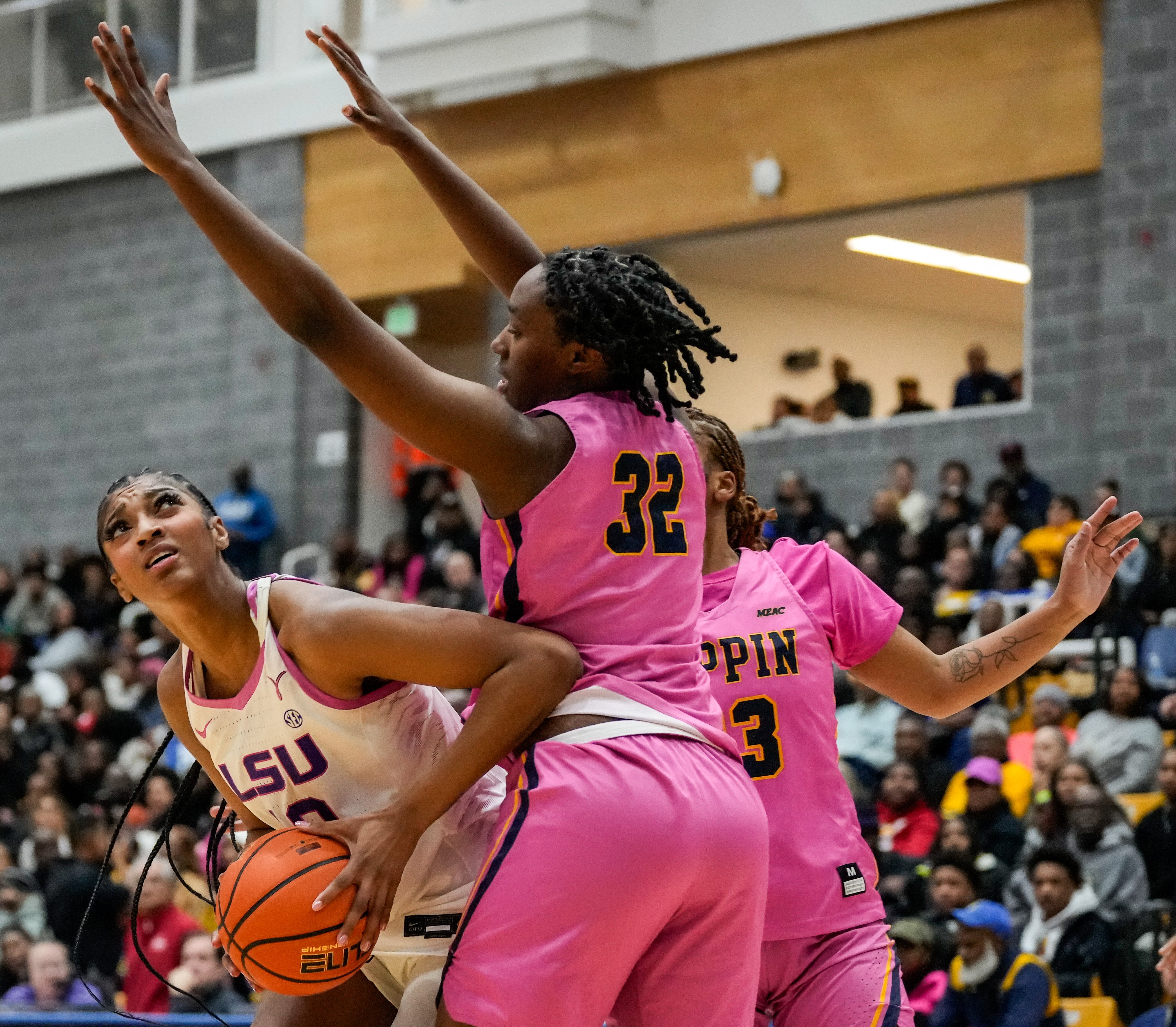 Angel Reese, pictured in LSU's game at Coppin State, led the Tigers with 27 points, 19 rebounds and six assists in Saturday's victory over Alabama.