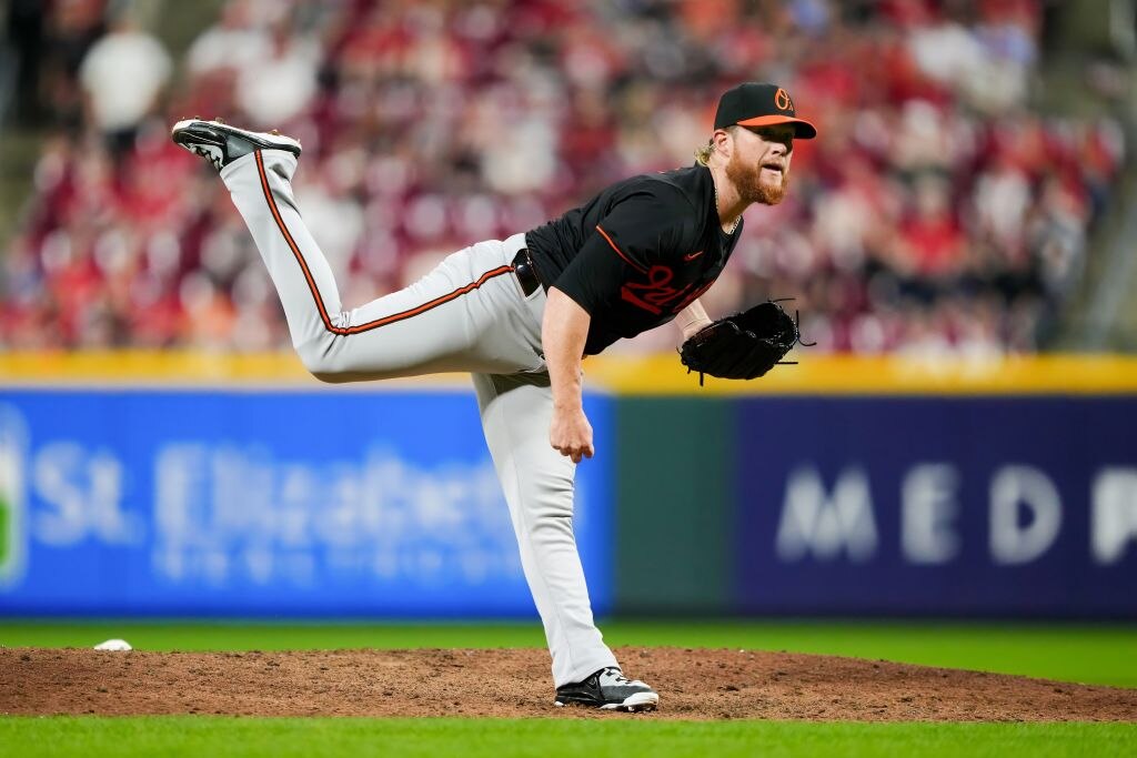 Craig Kimbrel, #46 of the Baltimore Orioles, pitches in the ninth inning against the Cincinnati Reds at Great American Ball Park on May 4, 2024 in Cincinnati, Ohio.