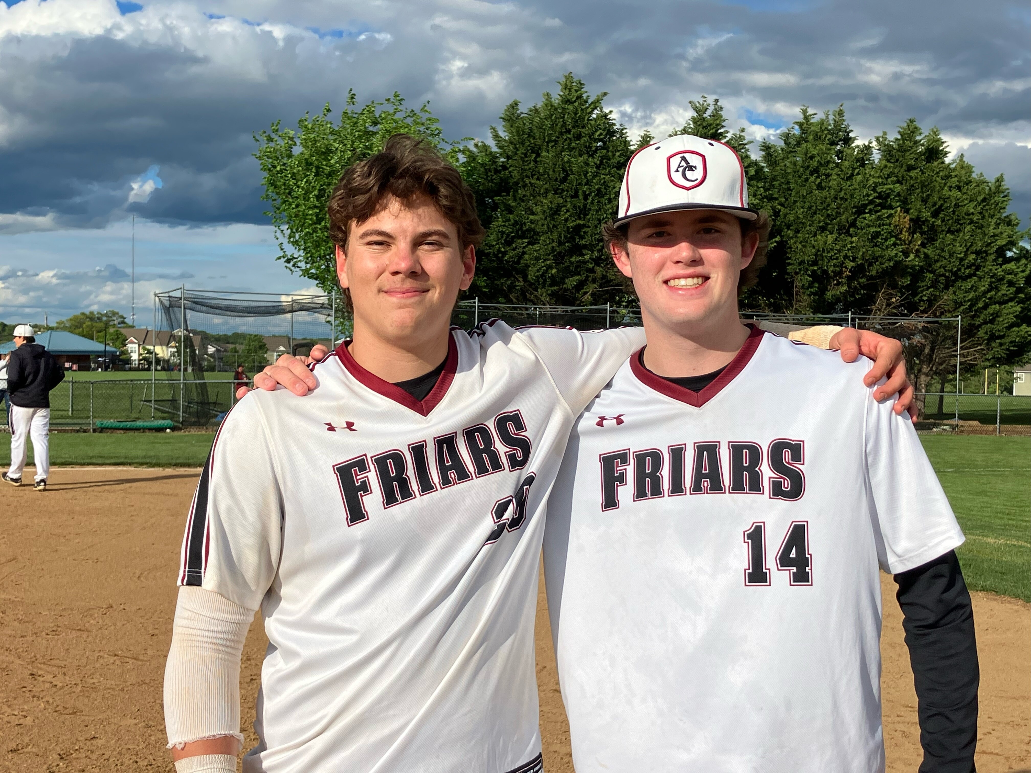Junior catcher Derek Poole, left, clouted his second homer of the season and sophomore right-hander Nathaniel Welcos retired the first 20 batters he faced in No. 6 Archbishop Curley’s 1-0 victory over top-ranked Archbishop Spalding on Wednesday afternoon.