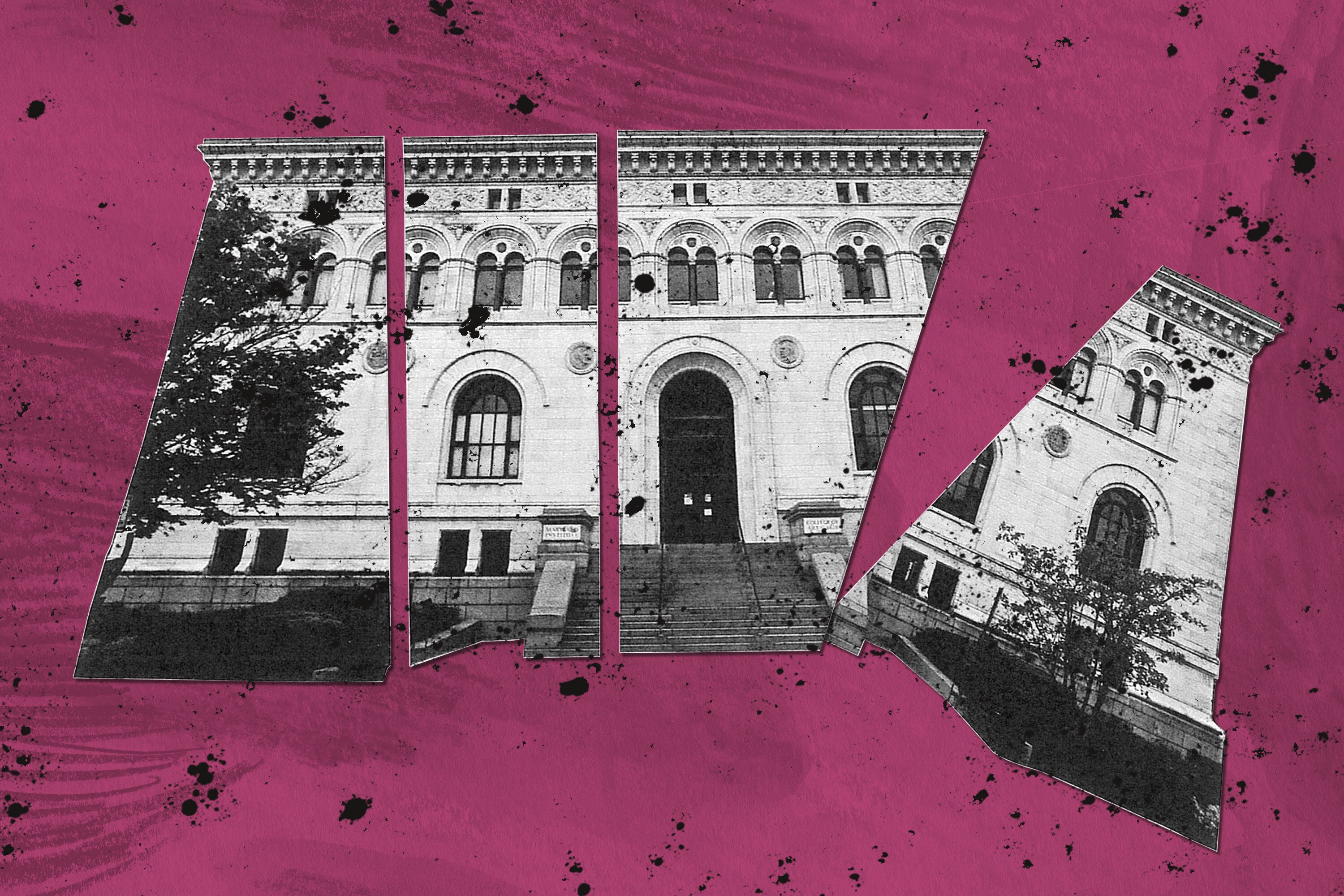 Photo collage showing Maryland Institute College of Art building cut into four segments, with rightmost piece falling to the right, layered over background of drawing marks and paint spatters.