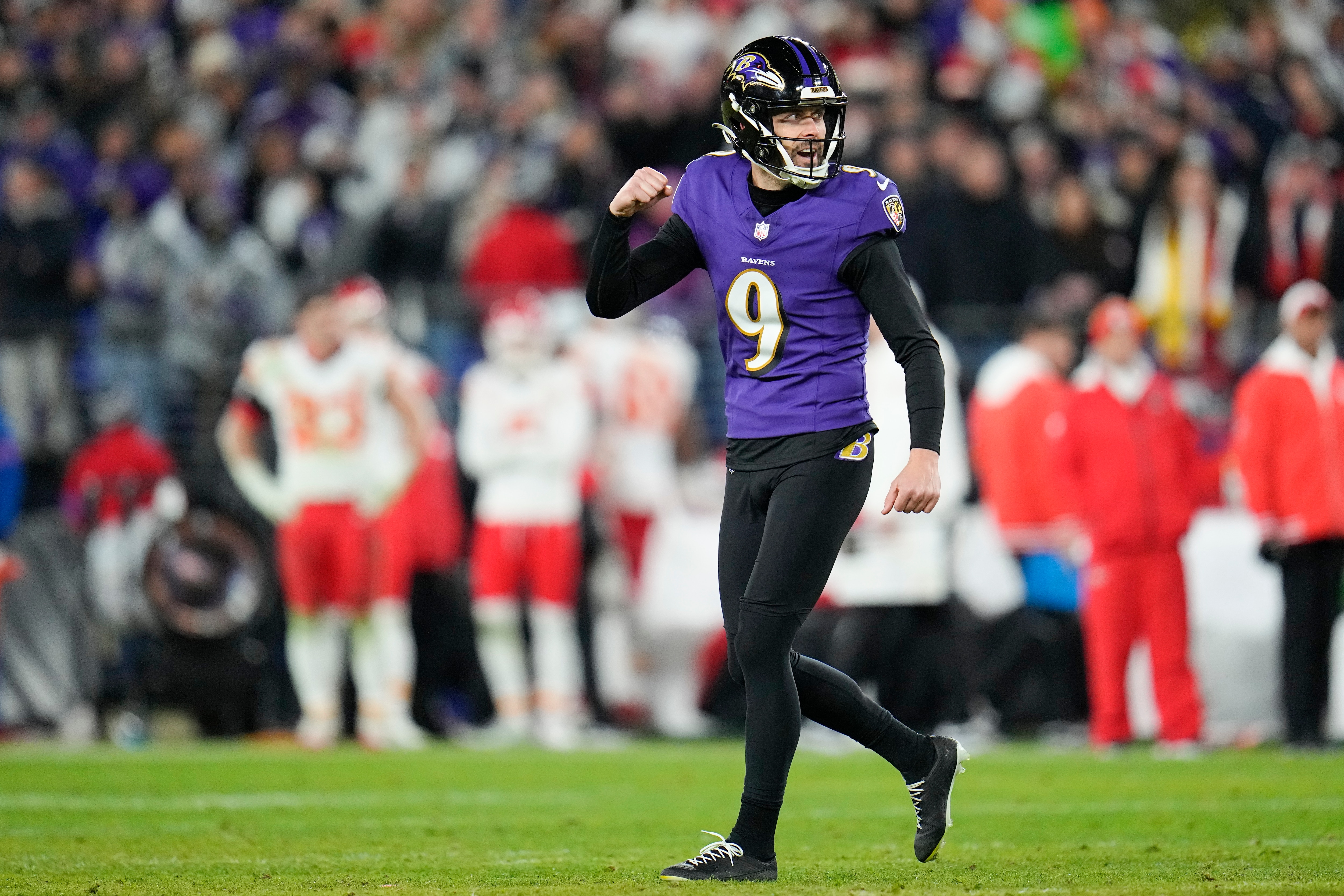 Baltimore Ravens place kicker Justin Tucker (9) reacts after kicking a field goal during the AFC Championship NFL football game between the Baltimore Ravens and the Kansas City Chiefs, Sunday, Jan. 28, 2024, in Baltimore. The Chiefs won 17-10. (AP Photo/Julio Cortez)