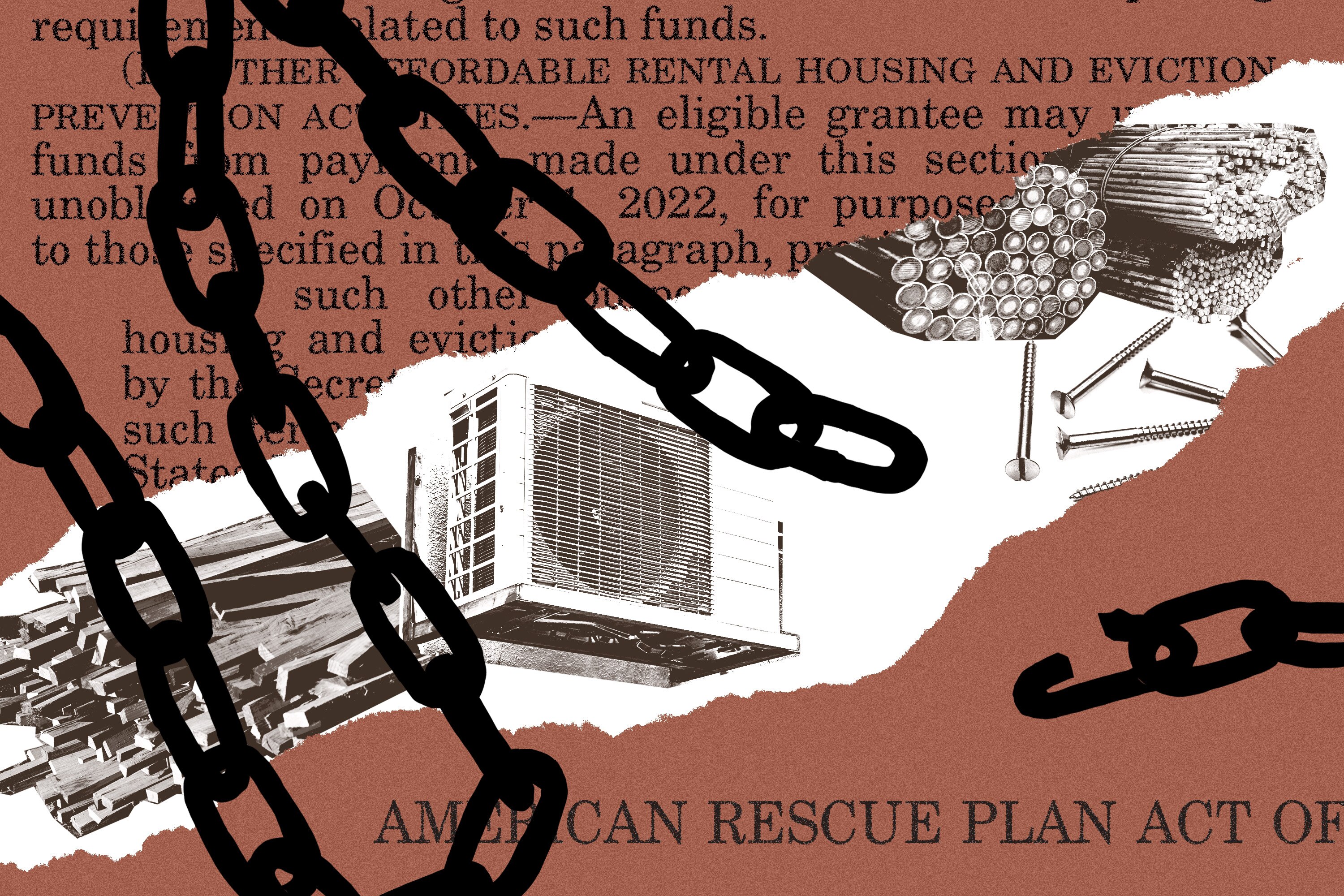 Lumber, HVAC, screws, and steel under broken chain
