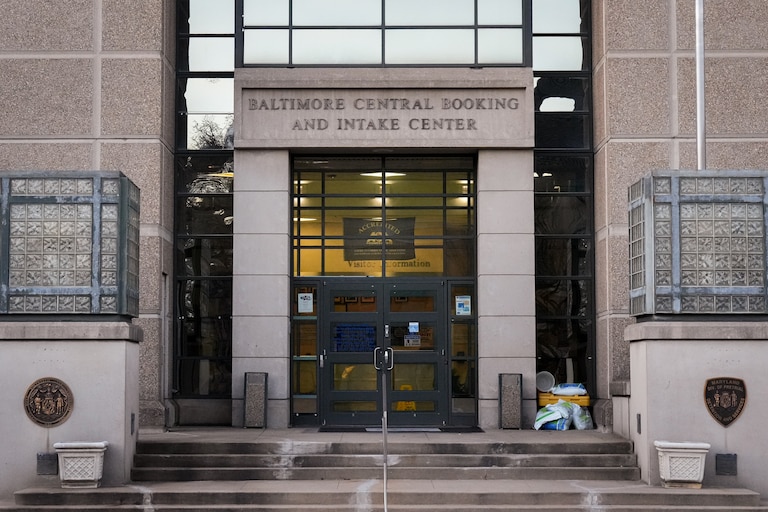The exterior of the Baltimore City Central Booking and Intake Center on February 6, 2024.