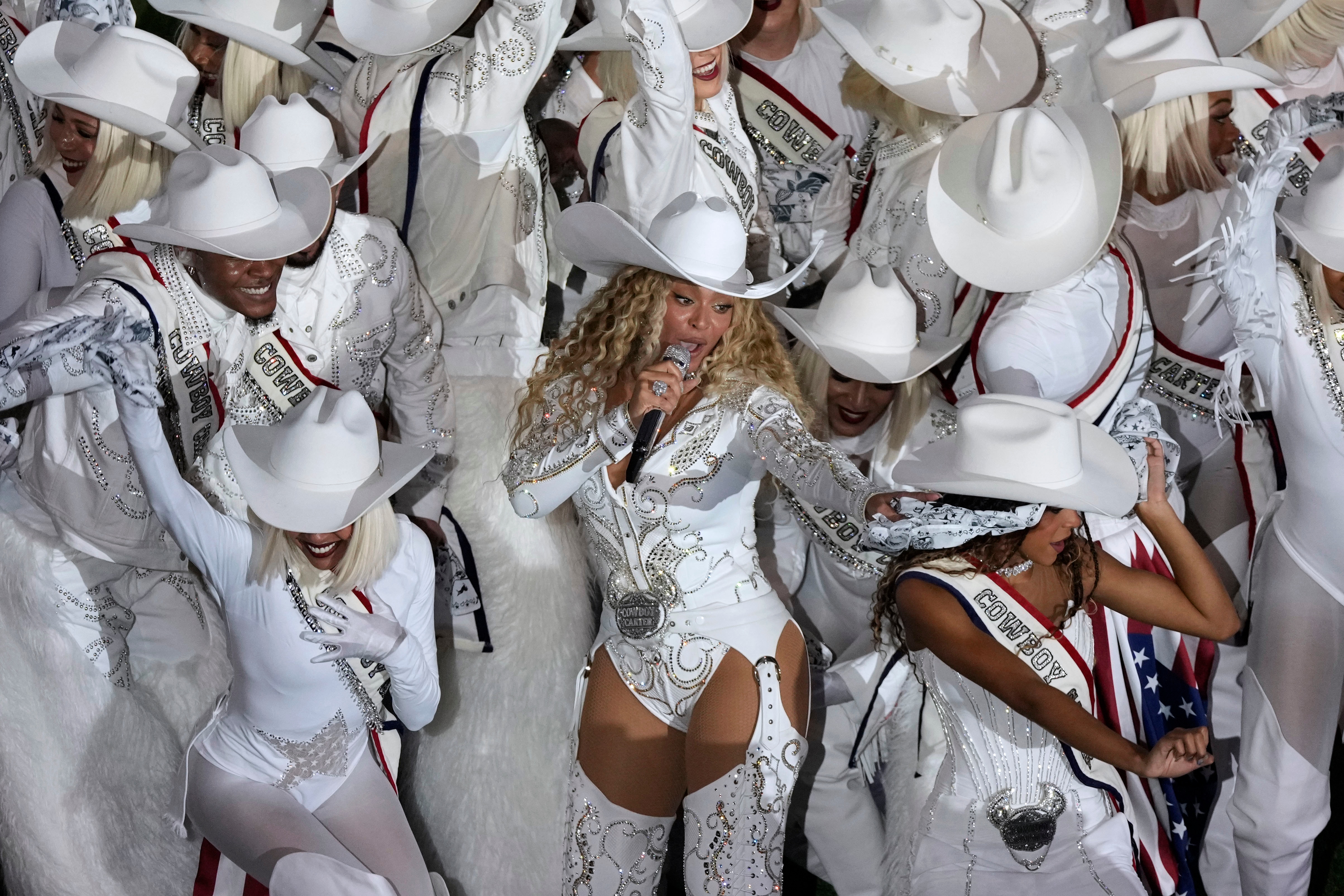 Beyoncé performs during halftime of an NFL football game between the Houston Texans and the Baltimore Ravens in Houston last year.