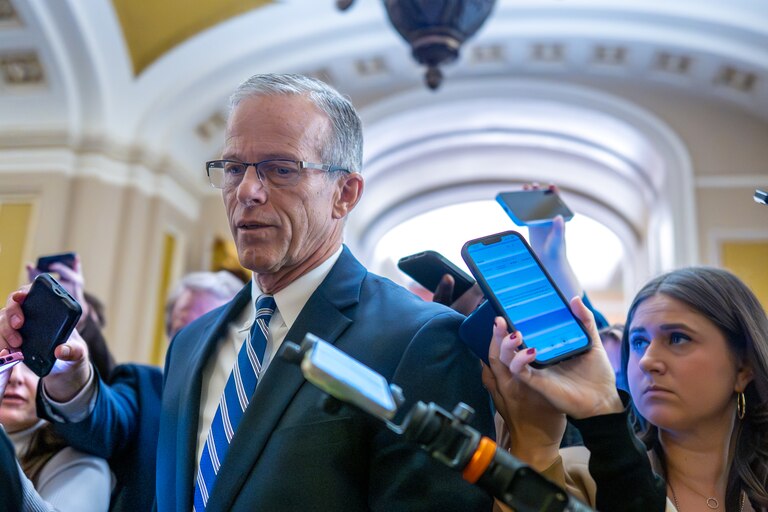 Senate Majority Leader John Thune, R-S.D., is surrounded by congressional reporters looking for updates on a plan to end the 38-day government shutdown, at the Capitol in Washington, Friday, Nov. 7, 2025. (AP Photo/J. Scott Applewhite)