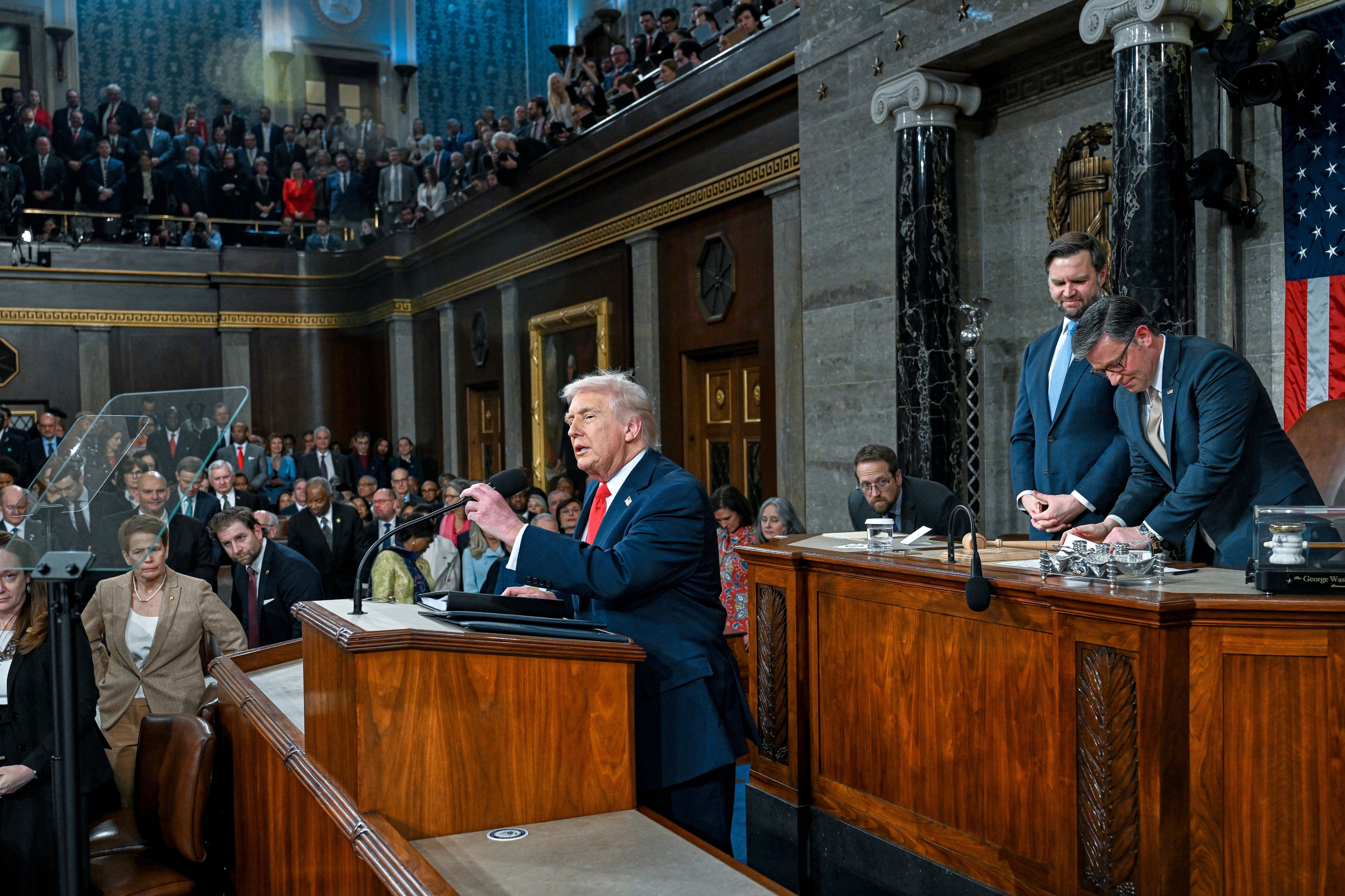 President Donald Trump delivers the State of the Union address to a joint session of Congress in the House chamber at the U.S. Capitol in Washington, Tuesday, Feb. 24, 2026.