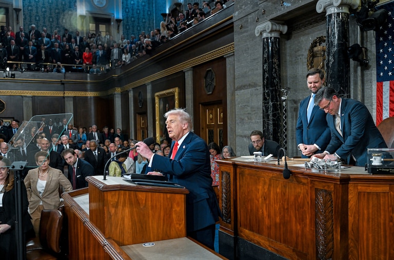 President Donald Trump delivers the State of the Union address to a joint session of Congress in the House chamber at the U.S. Capitol in Washington, Tuesday, Feb. 24, 2026.