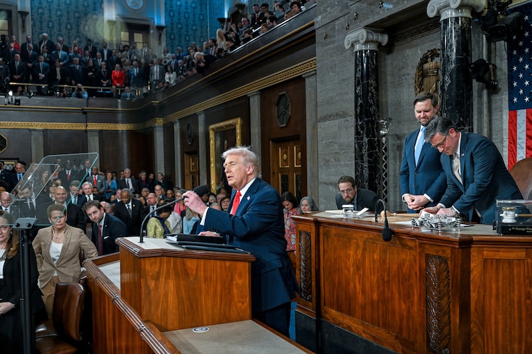 President Donald Trump delivers the State of the Union address to a joint session of Congress in the House chamber at the U.S. Capitol in Washington, Tuesday, Feb. 24, 2026.