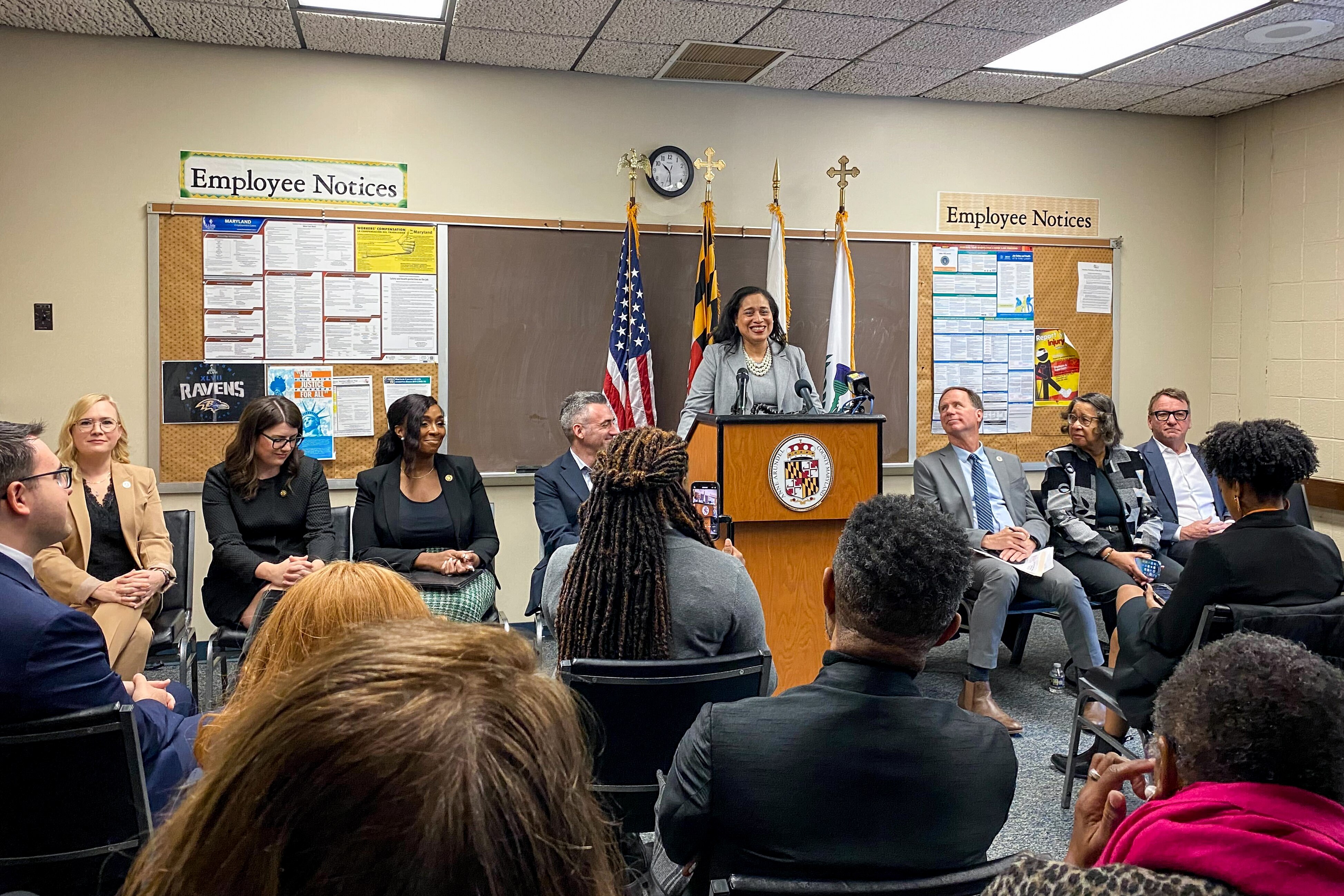Annapolis housing authority CEO and executive director Melissa Maddox Evans, flanked by state housing officials, lawmakers and elected leaderes, said she hoped to re-open shuttered public housing units within 12 months. Photographed on Monday, February 10, 2025.