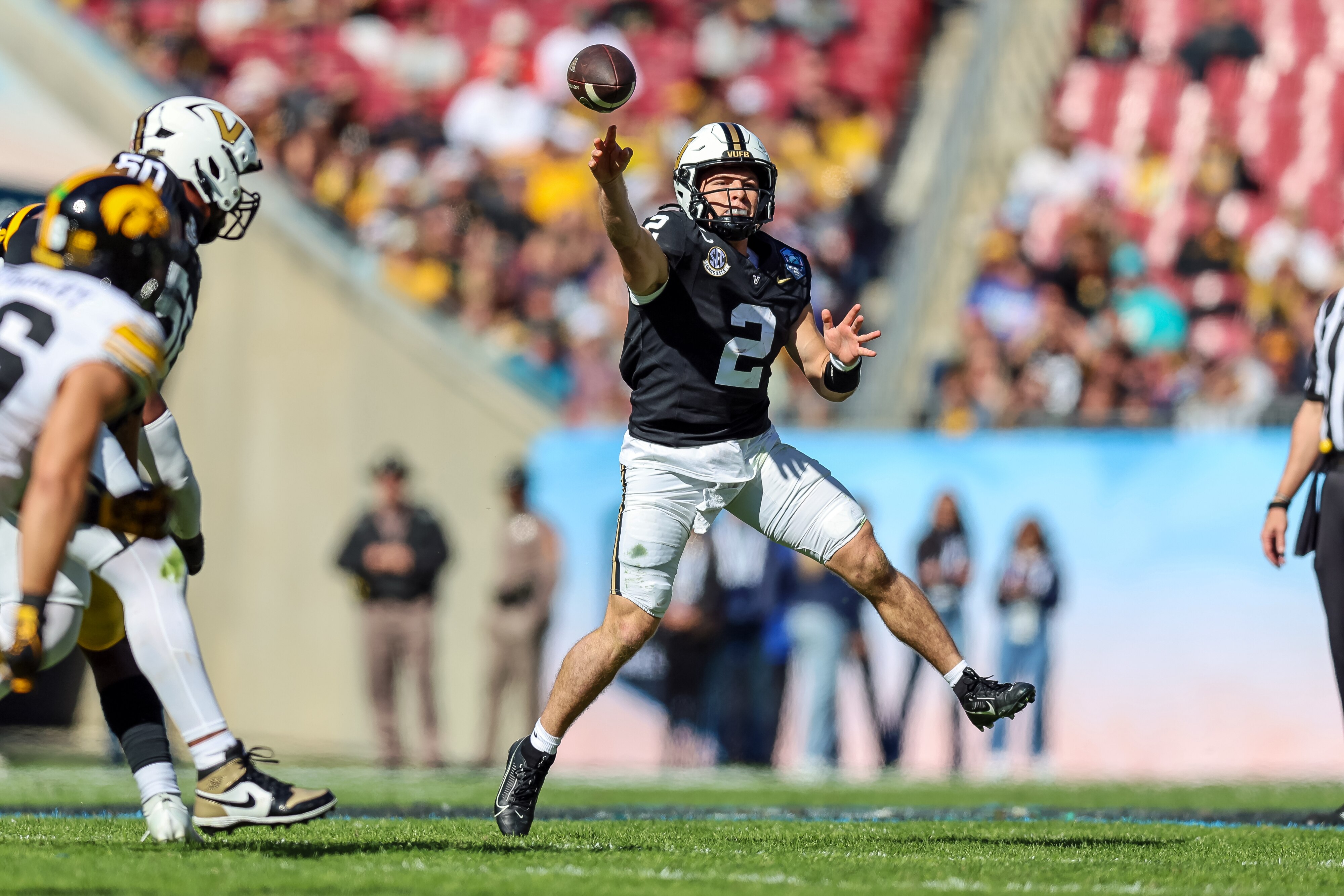 Diego Pavia of Vanderbilt, shown in the the ReliaQuest Bowl in Tampa, Florida, finished second in Heisman Trophy voting last season.