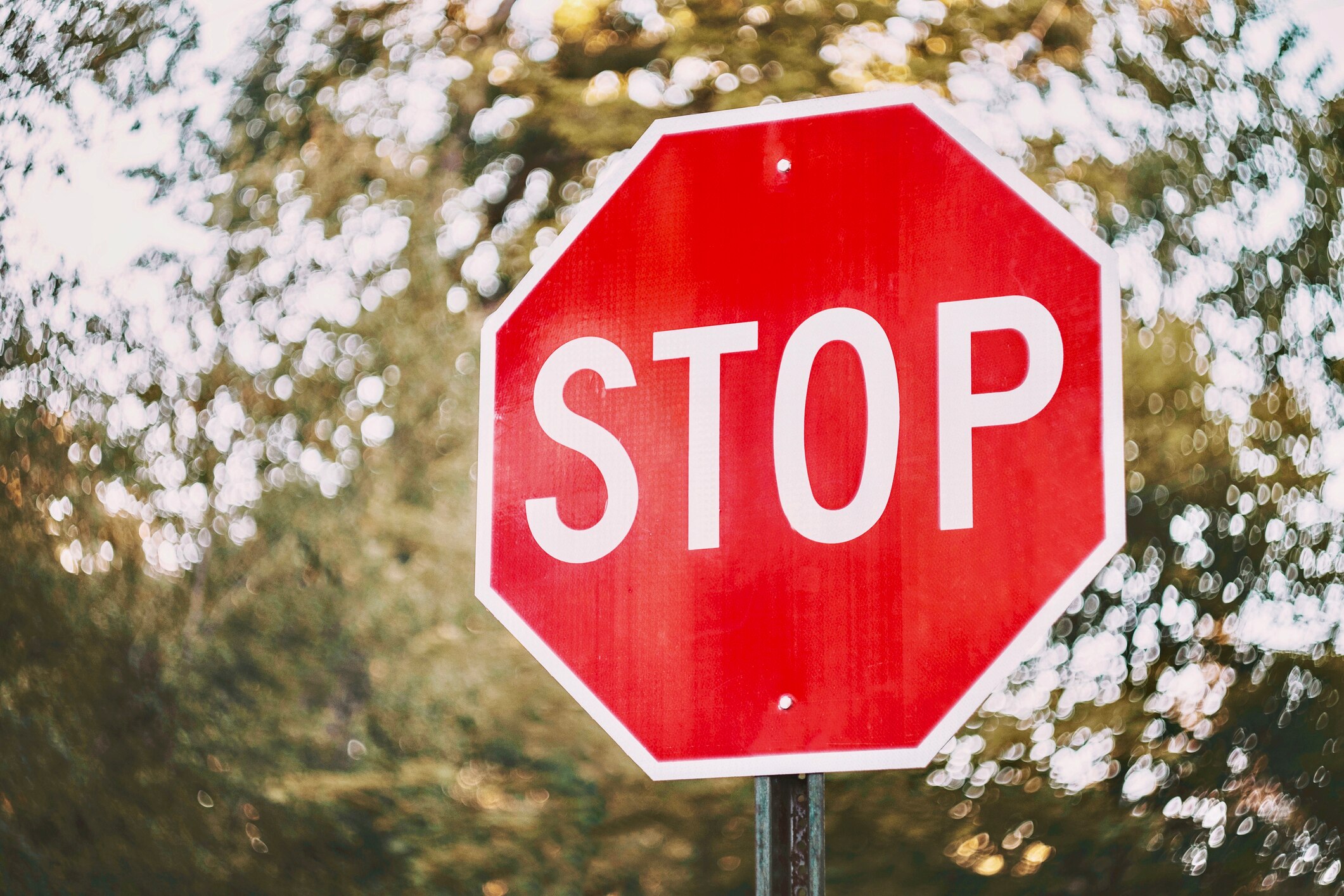 Close-up of a stop sign surrounded by swirling points of light.