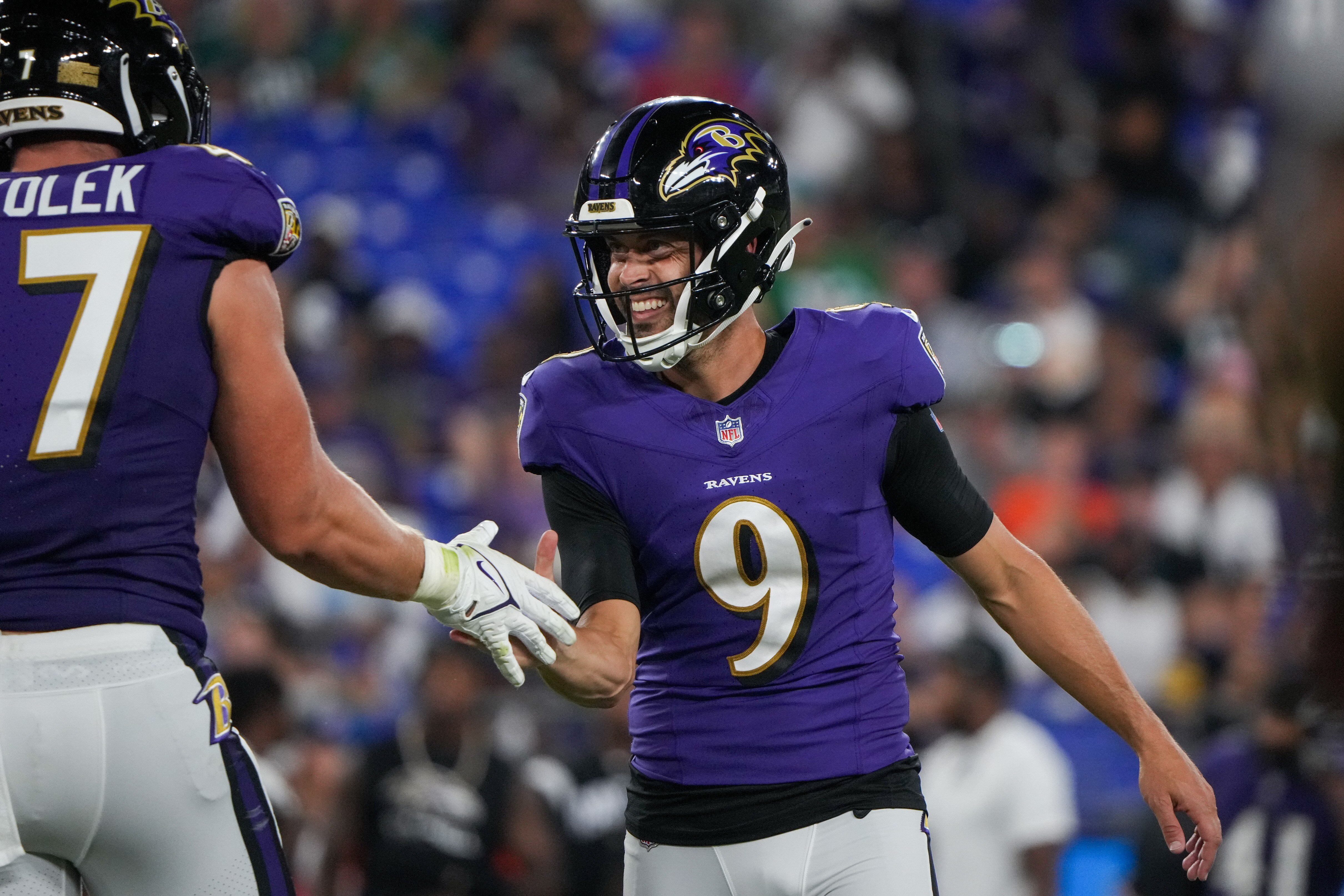 Baltimore Ravens place kicker Justin Tucker (9) celebrates after kicking a successful field goal in the fourth quarter of a preseason game against the Philadelphia Eagles at M&T Bank Stadium on Saturday, August 12, 2023.