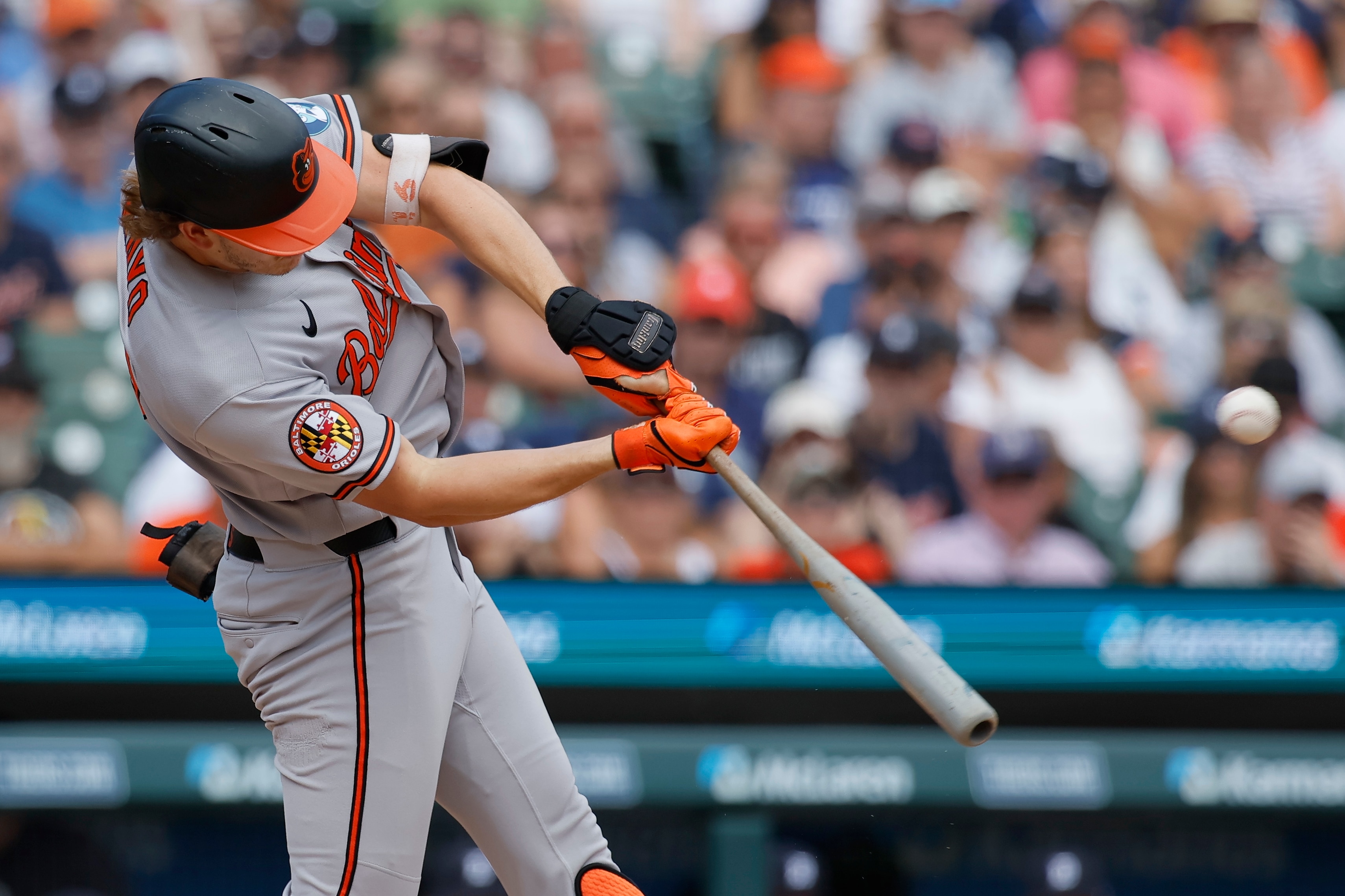 Coby Mayo hits a two-run triple to center field to tie the game at 7 in the eighth inning.