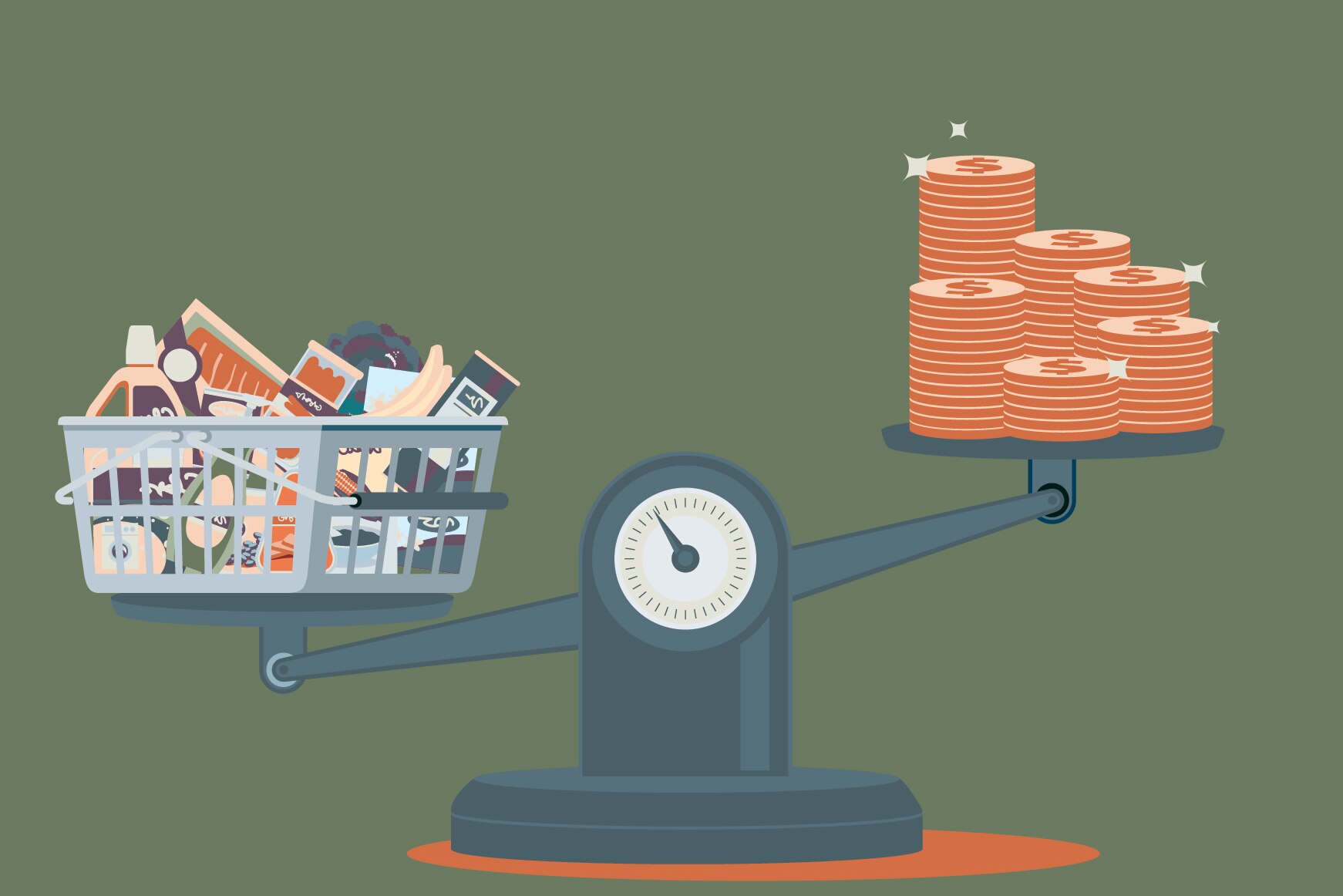 Illustration of groceries on a scale, showing high costs