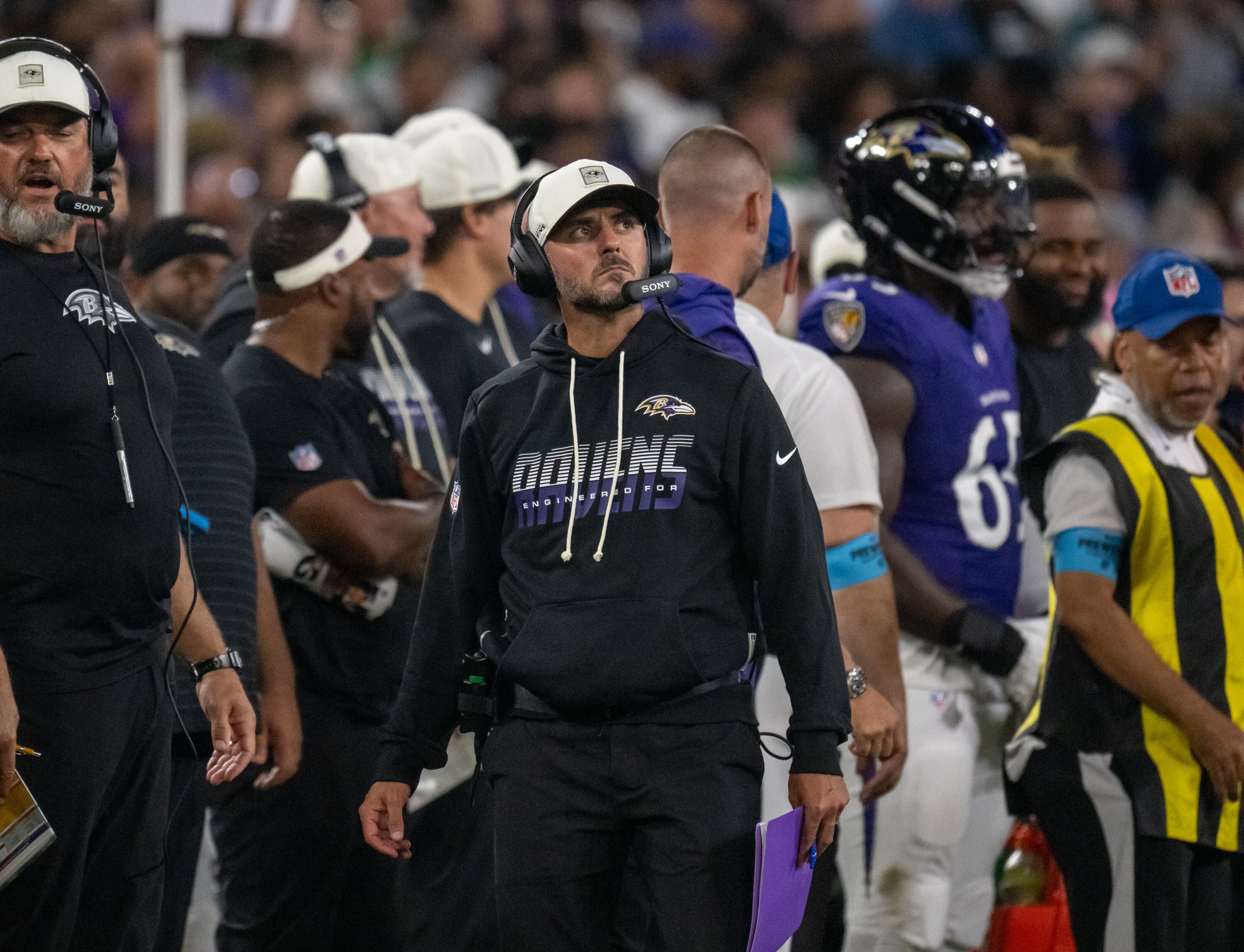 Baltimore Ravens head coach Jesse Minter watches from the sidelines in the fourth quarter of the team’s preseason win over the Philadelphia Eagles.
