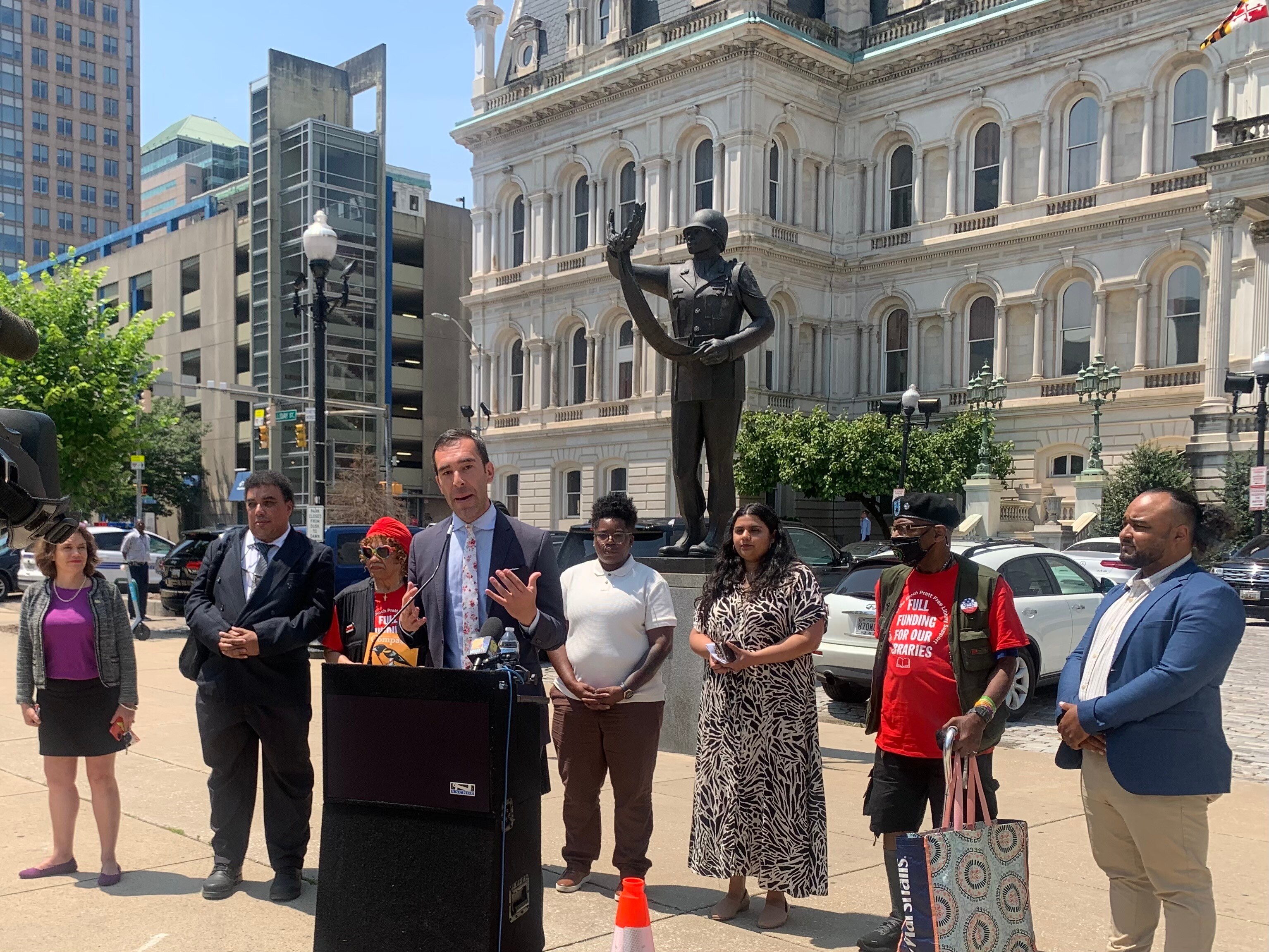 Councilman Zeke Cohen speaks at a news conference outside Baltimore City Hall on June 1, 2023.