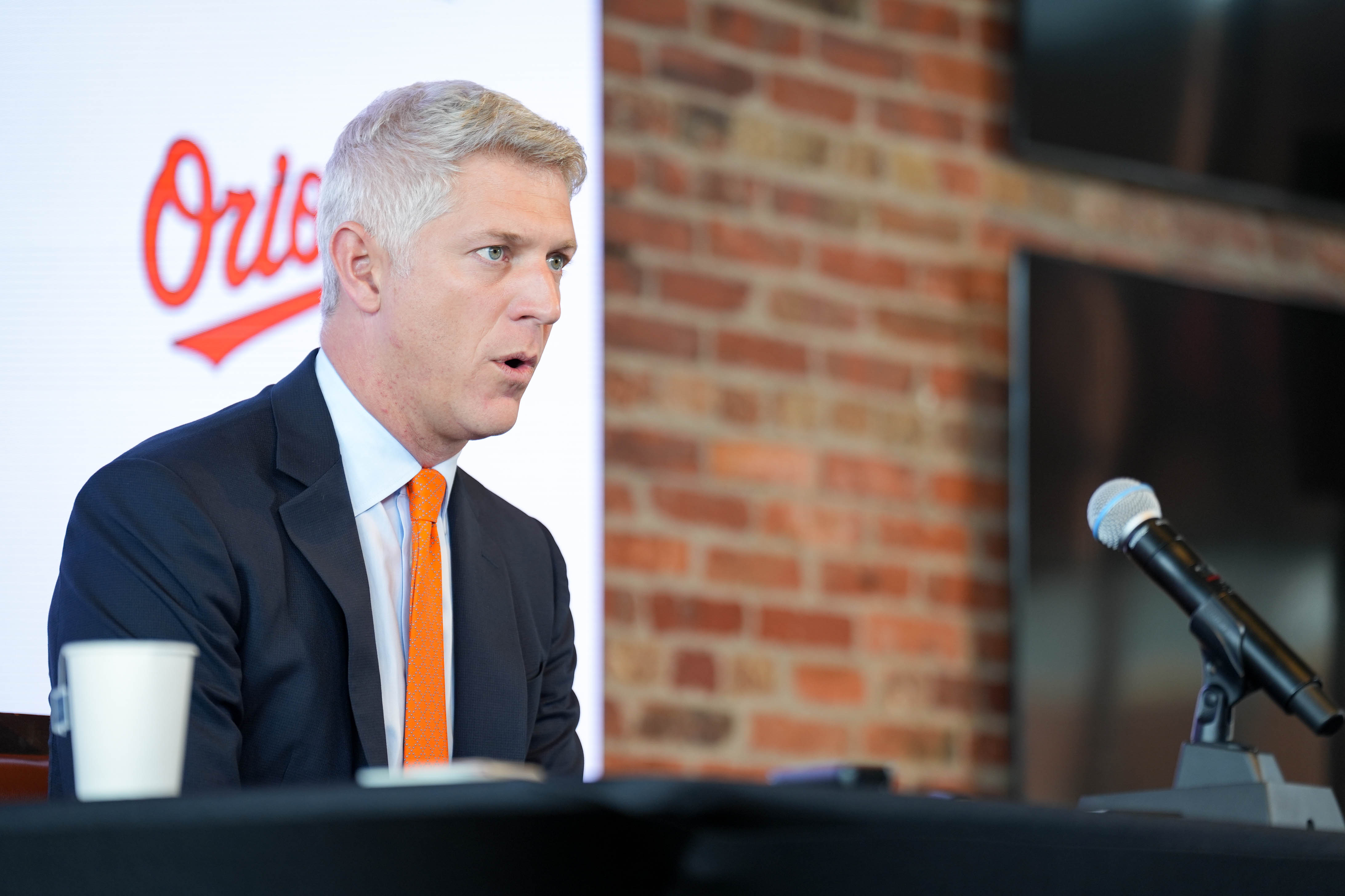 Orioles president of baseball operations Mike Elias takes questions from reporters at the team’s end-of-season press conference in September.